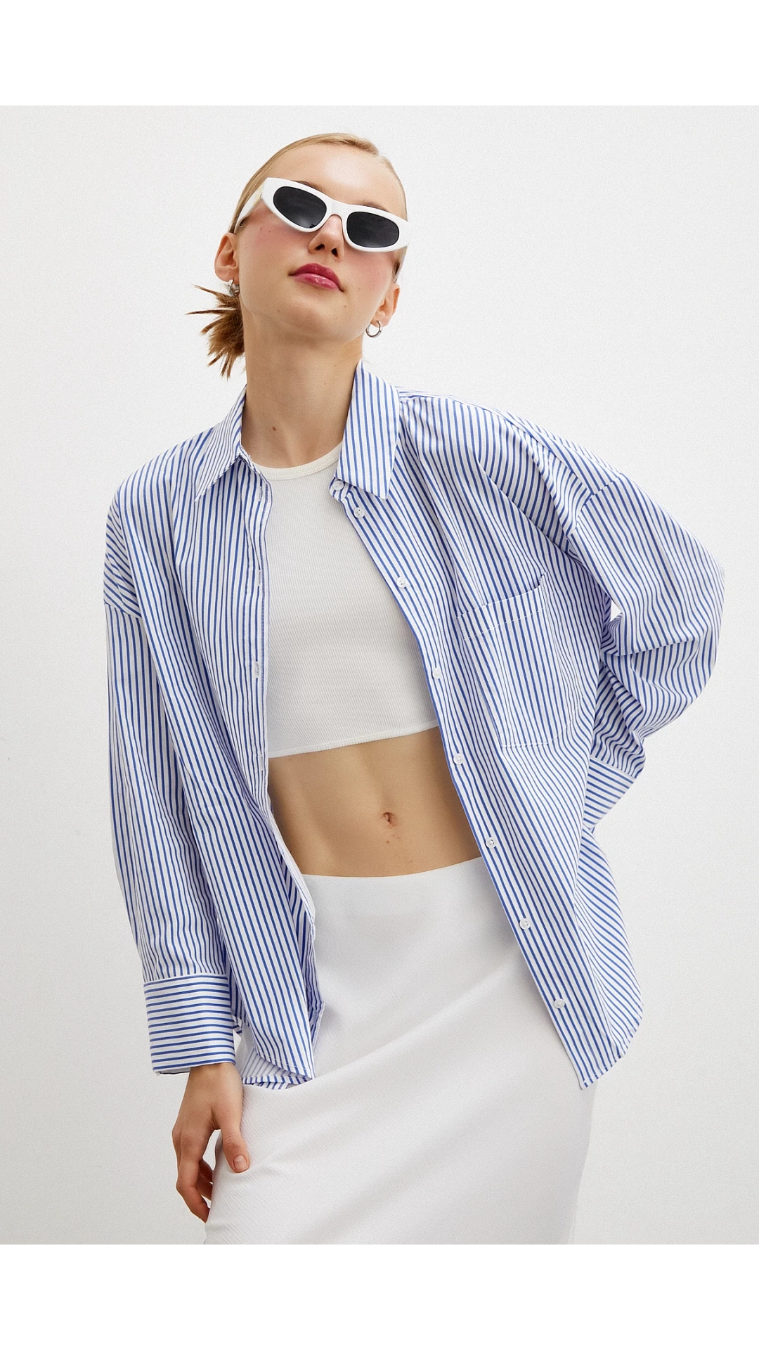 Çizgili Poplin Gömlek Mavi