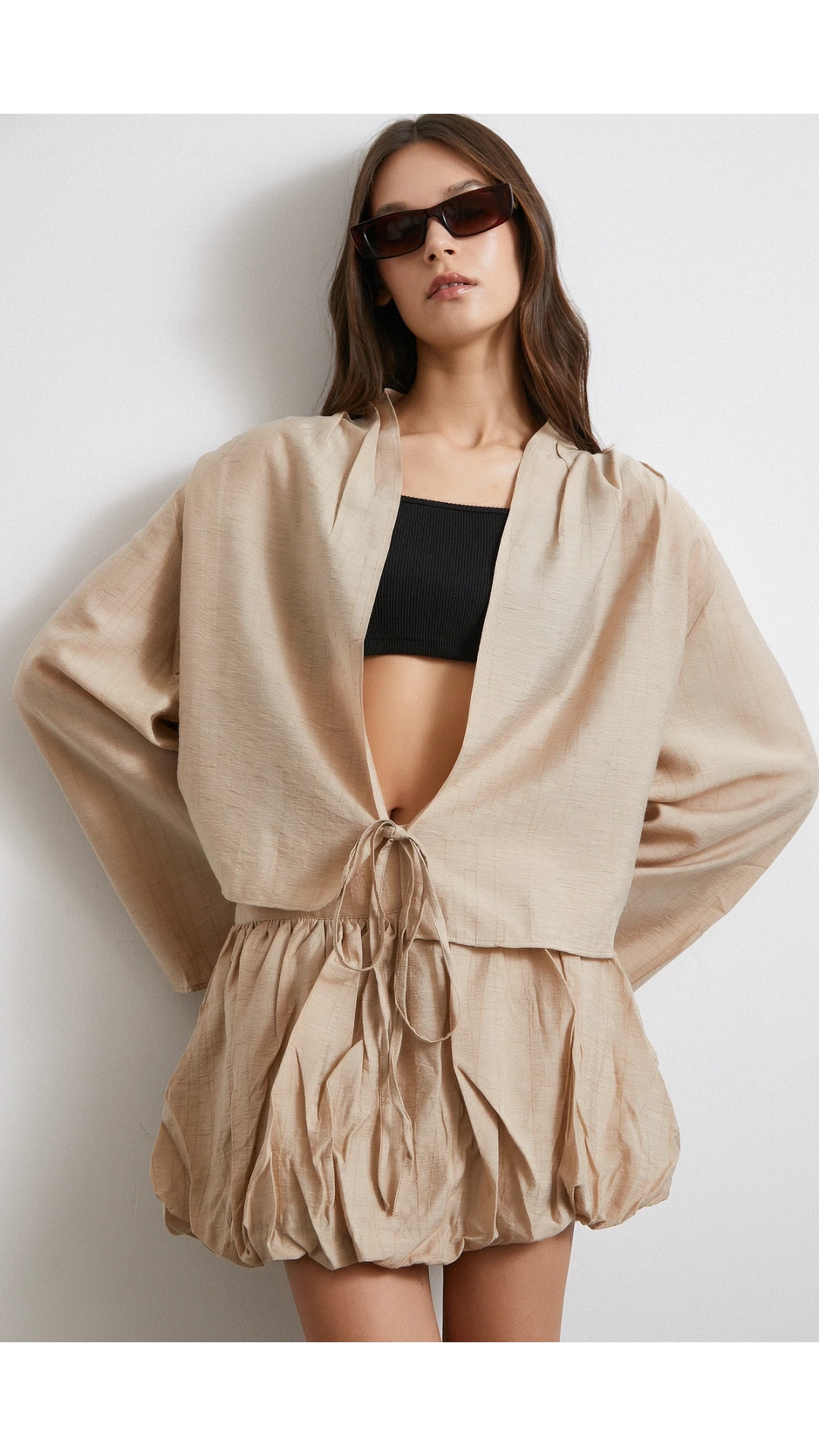 Geniş Kol Önden Bağlamalı Bluz Bej