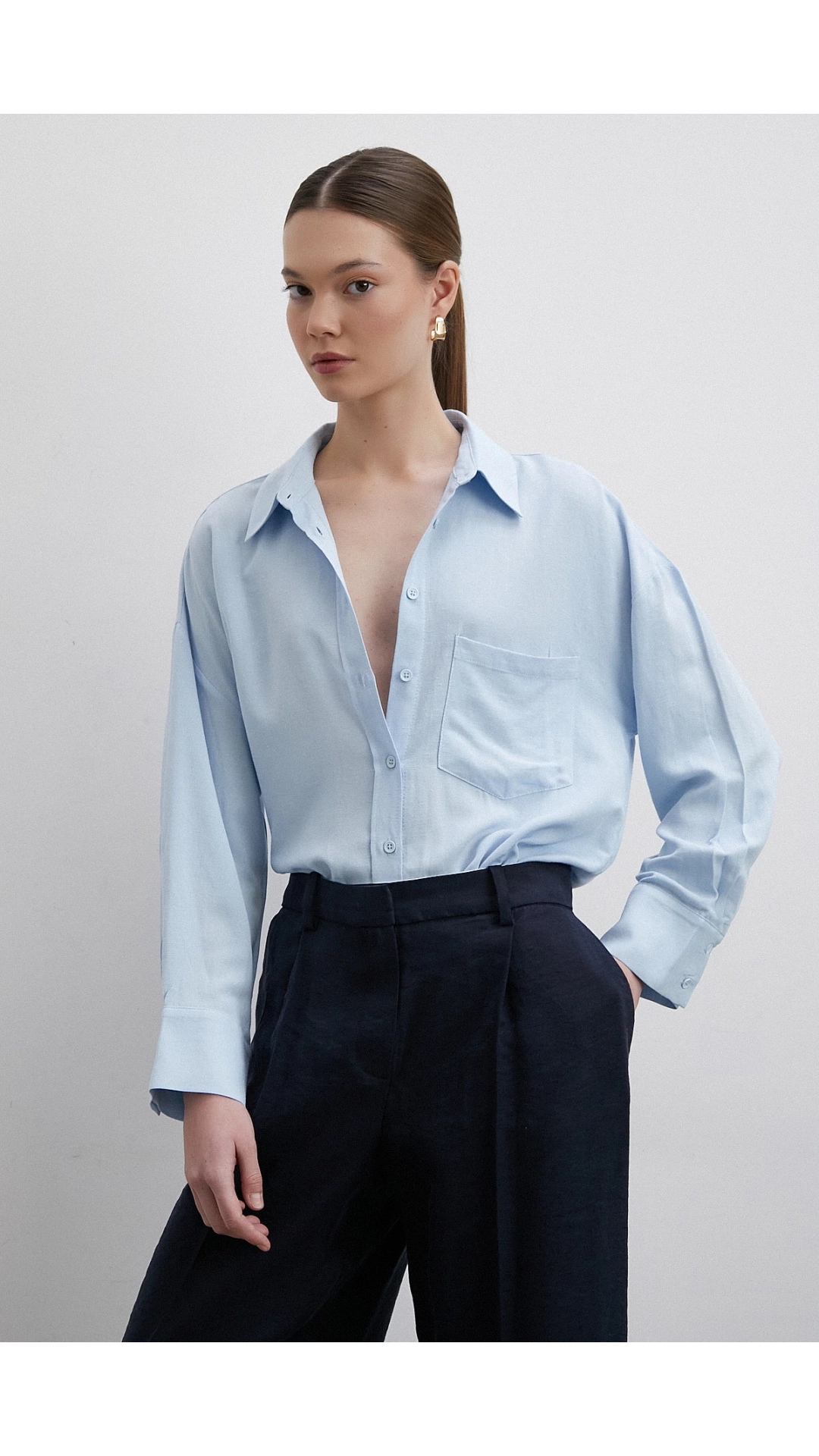 Keten Karışımlı Linen Prunes Gömlek Mavi