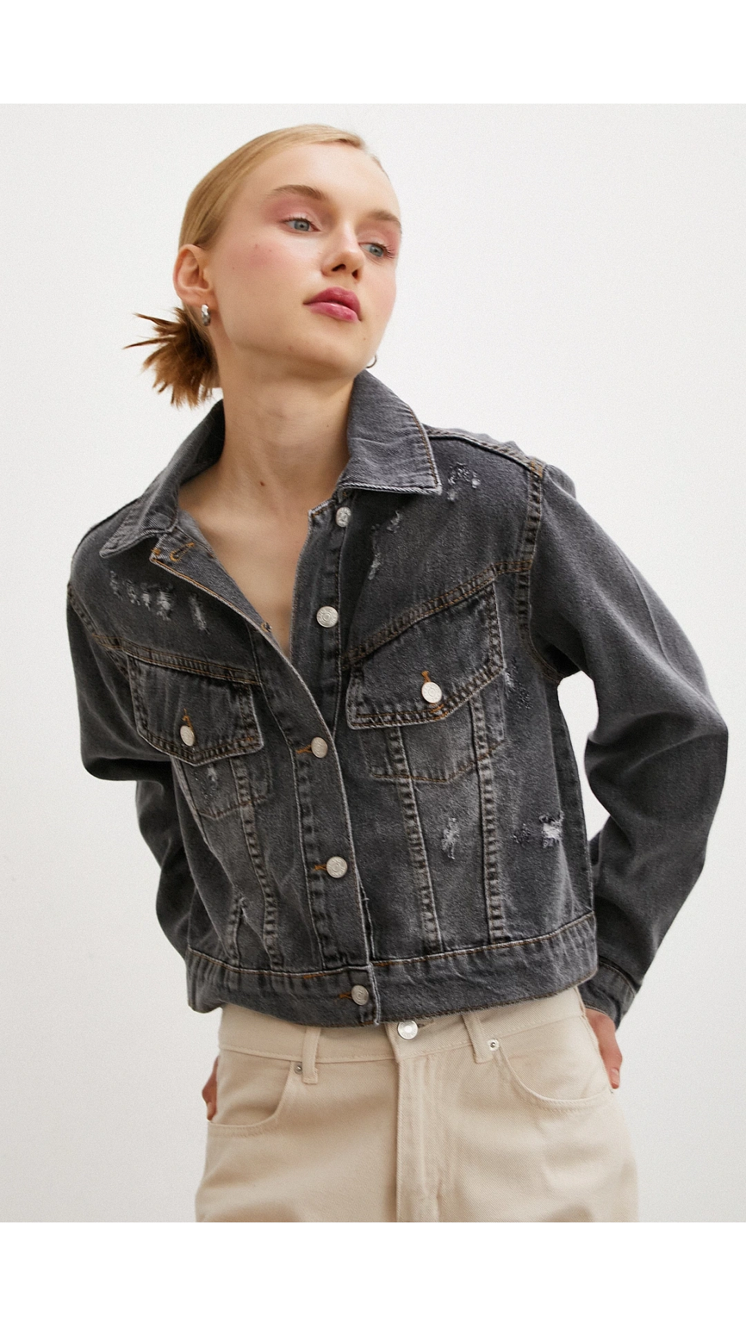 Sırtı Nakışlı Kot Mont Antirasit