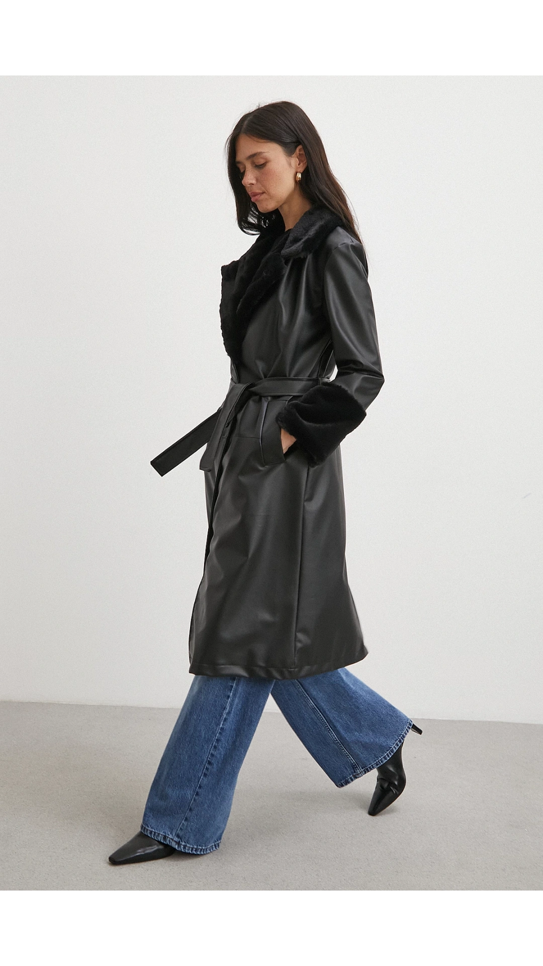 Kürklü Kuşaklı Deri Pardesü Siyah