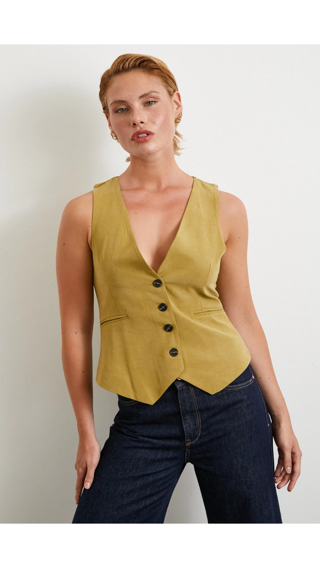 Cep Kapaklı Keten Yelek Olive