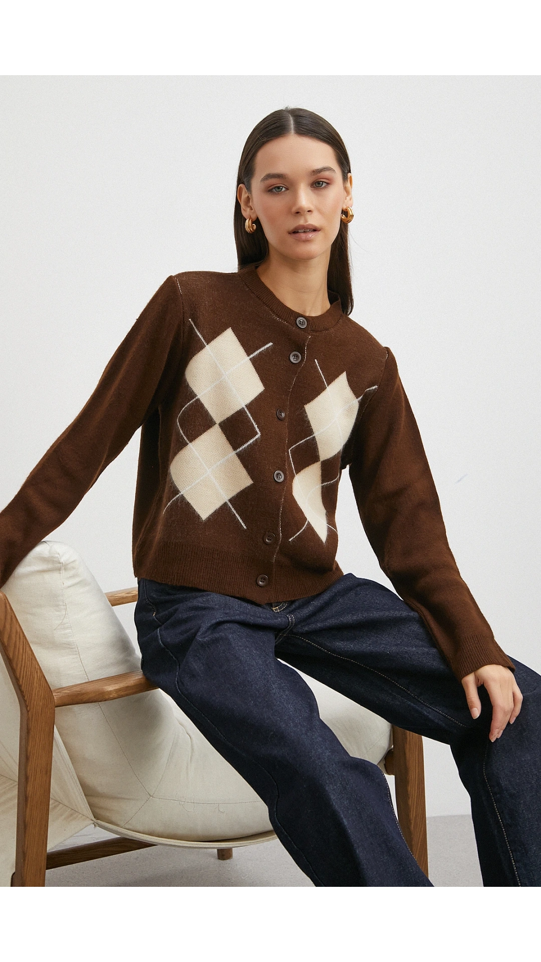 Düğmeli Baklava Desenli Hırka Kahve