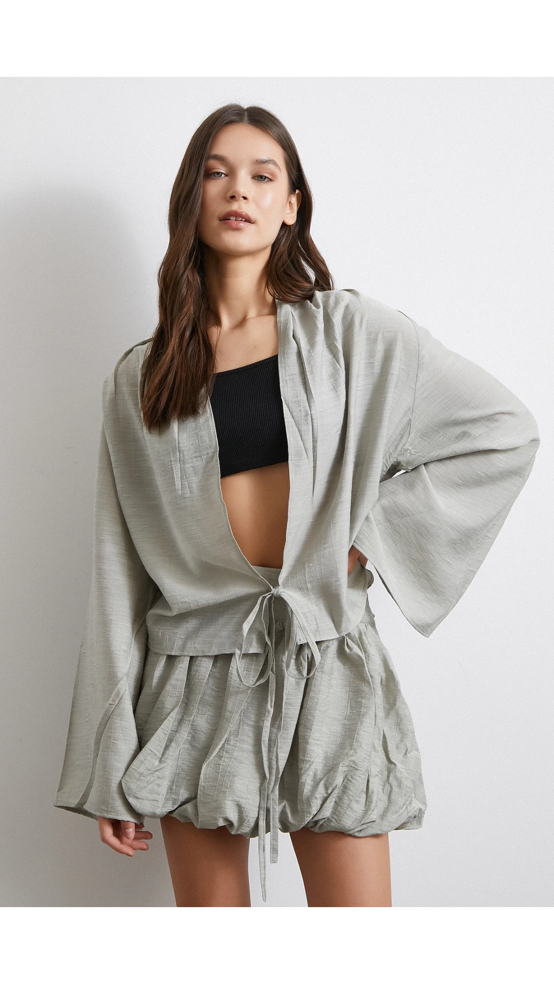 Geniş Kol Önden Bağlamalı Bluz Taş