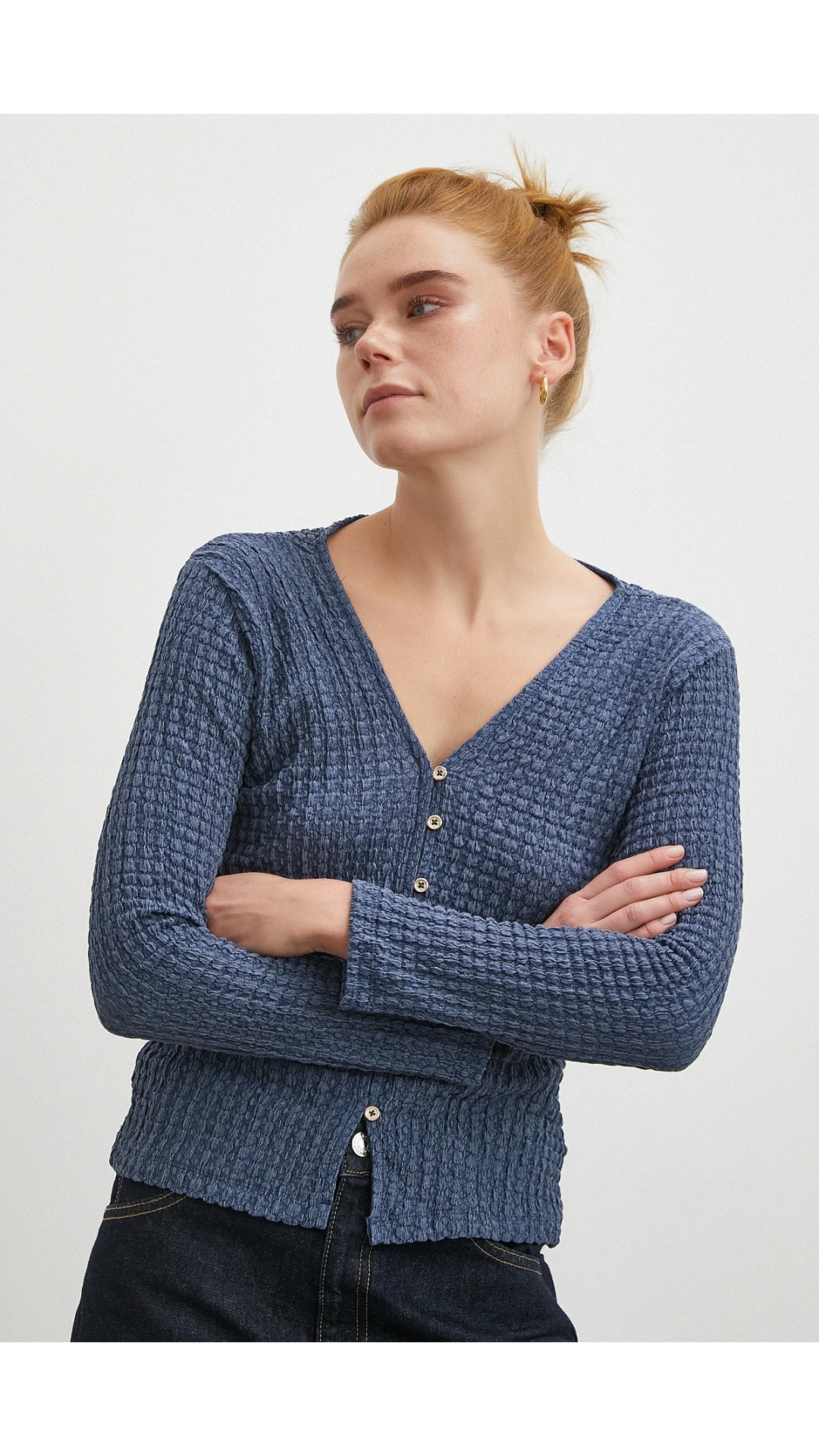 V Yaka Düğmeli Kazak Lacivert