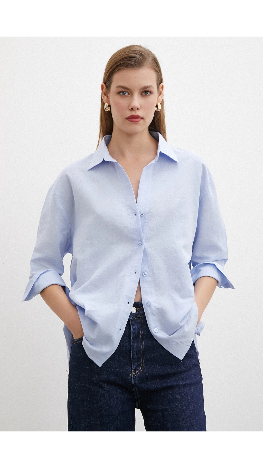 Yırtmaçlı Fakir Kol Gömlek Mavi