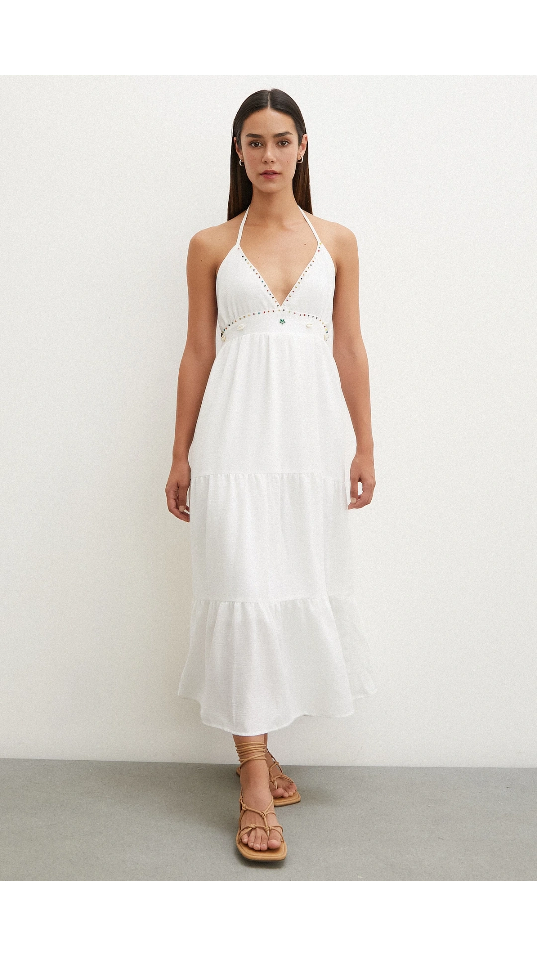 Boncuk Detay Keten Elbise Beyaz