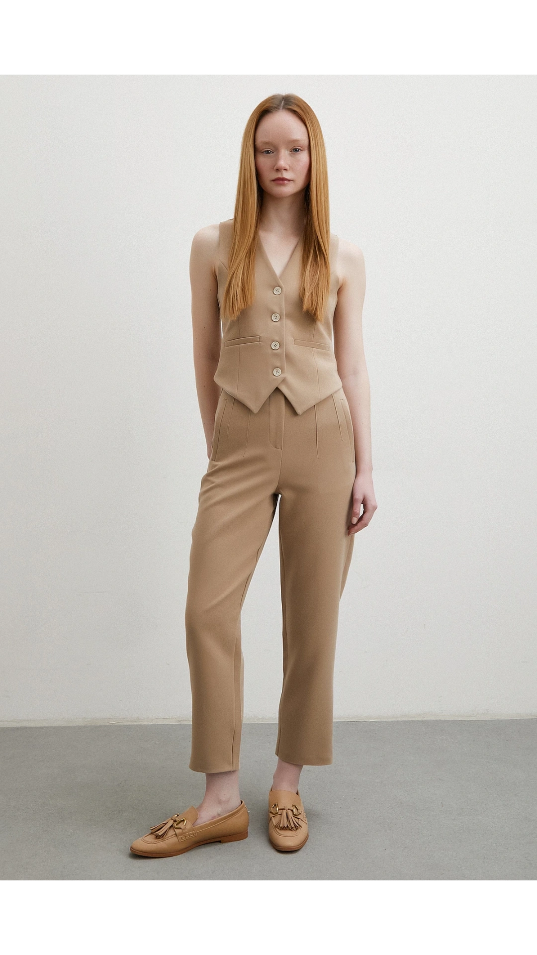 Önü Pensli Skinny Kumaş Pantolon Vizon