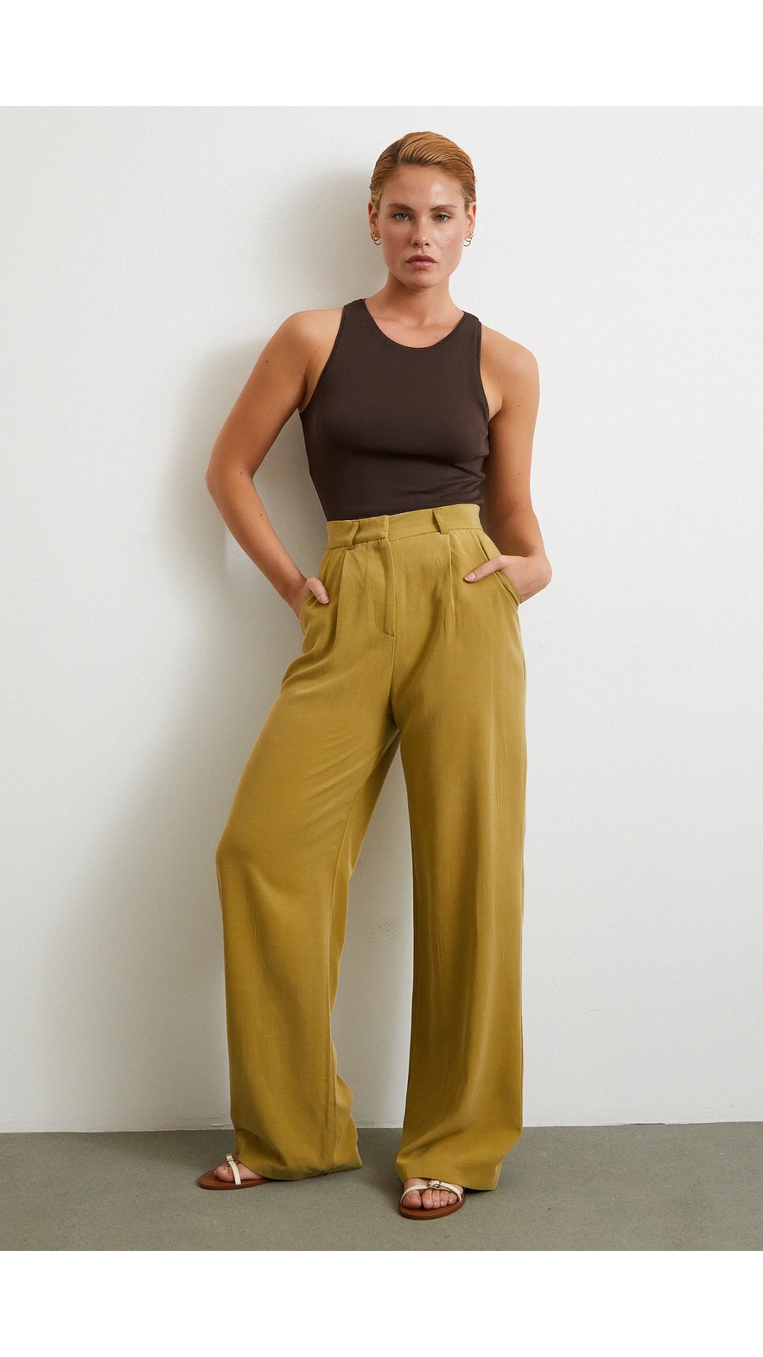 Keten Palazzo Pantolon Olive