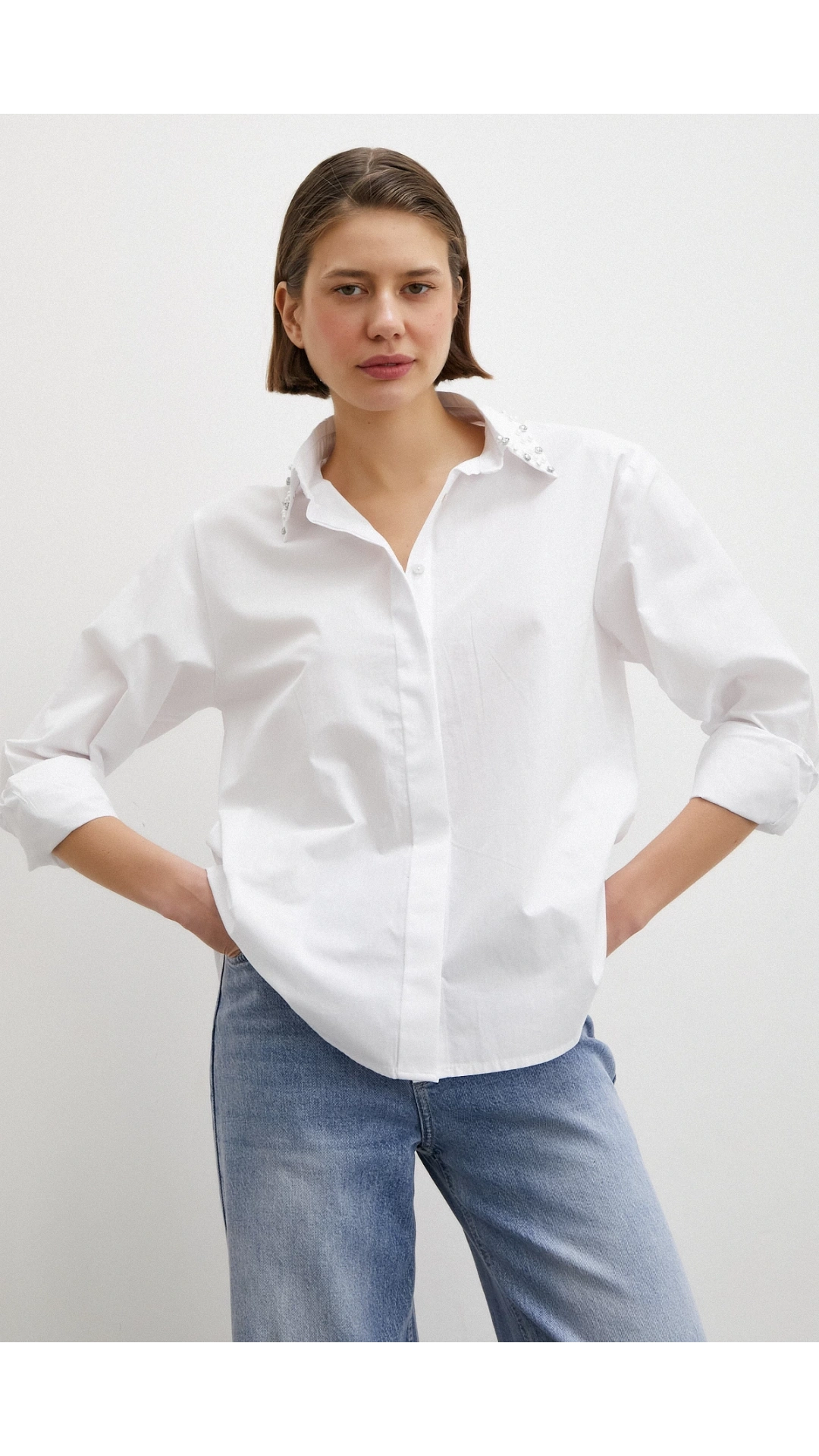 Yaka İncili Poplin Gömlek Beyaz