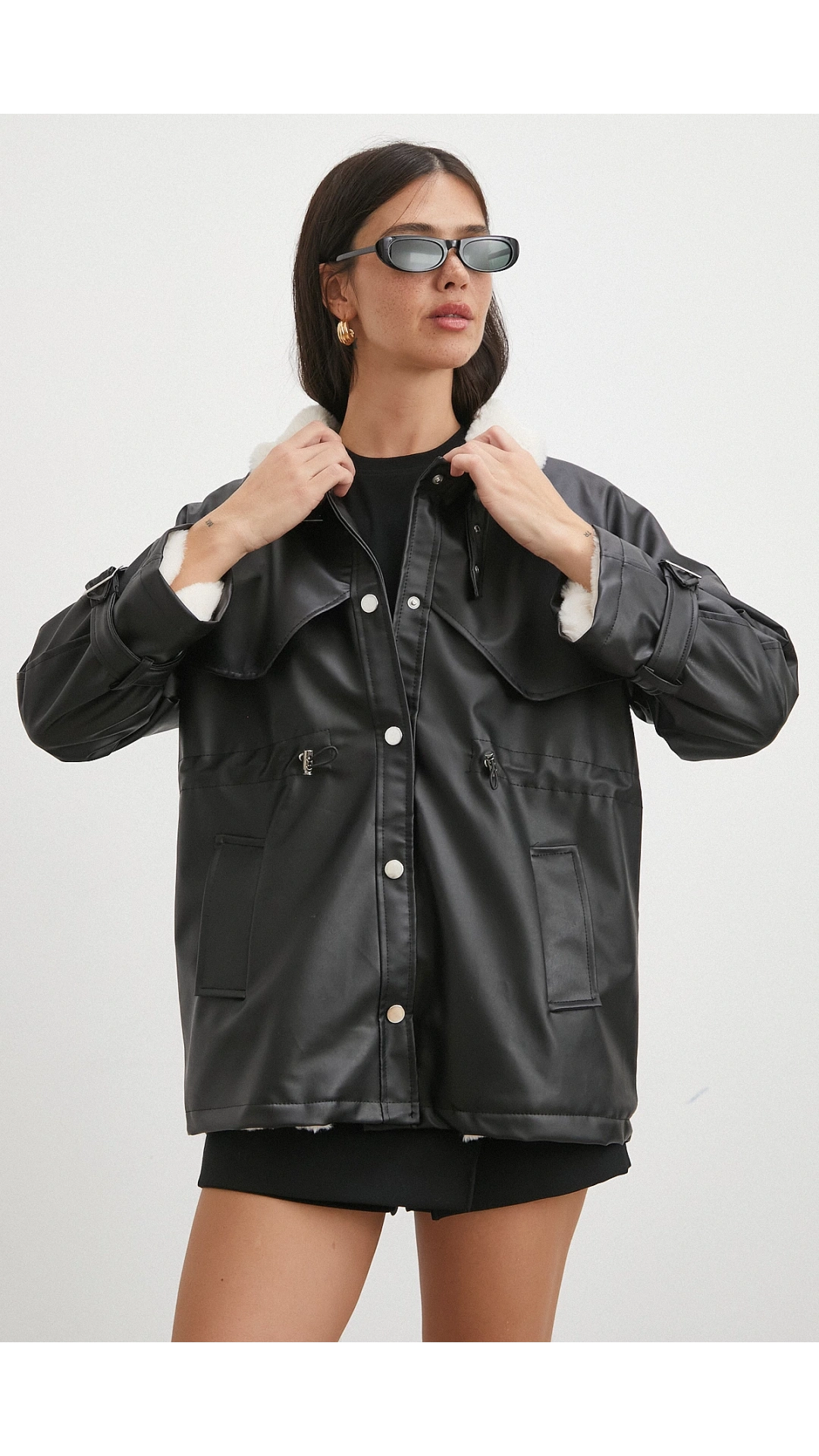 Kürklü Yaka Detaylı Deri Ceket Siyah