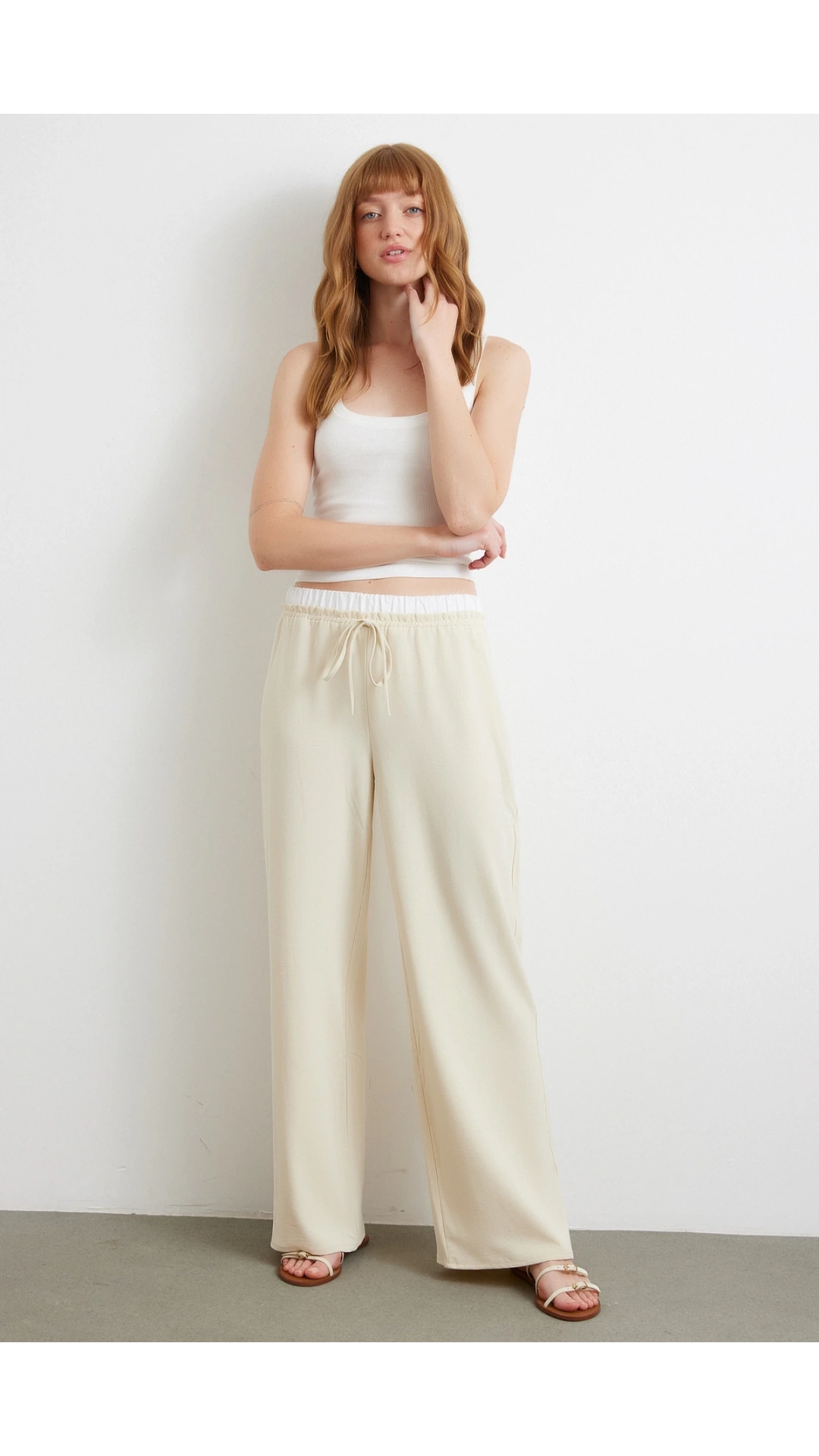 Bel Bantlı Wide Leg Pantolon Krem