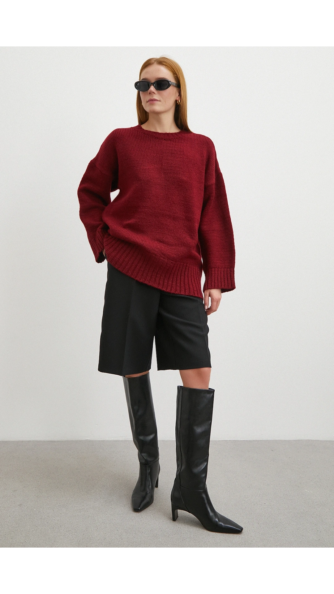 Bisiklet Yaka Fitilli Triko Kazak Bordo