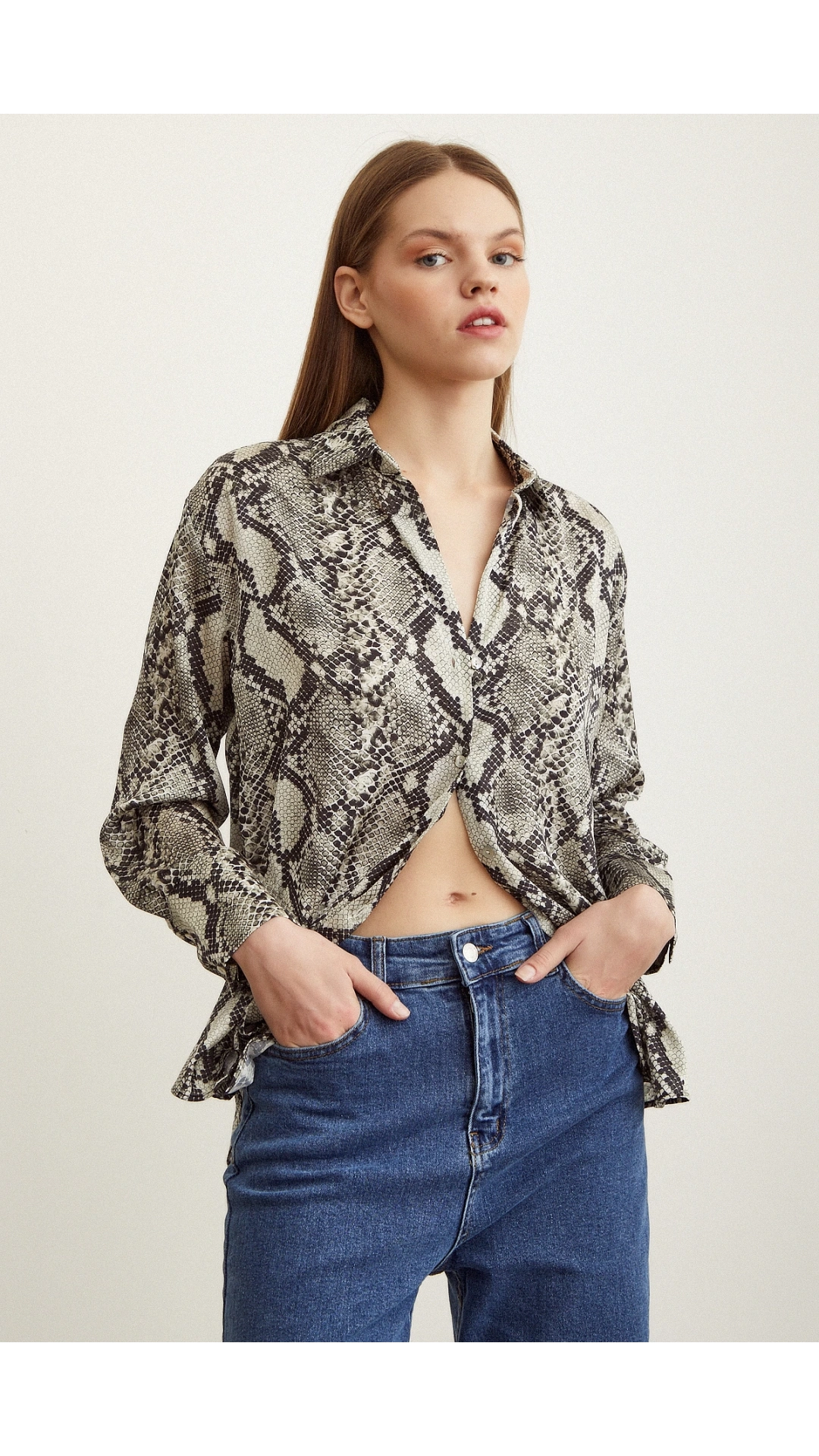 Yılan Desen Saten Gömlek Taş