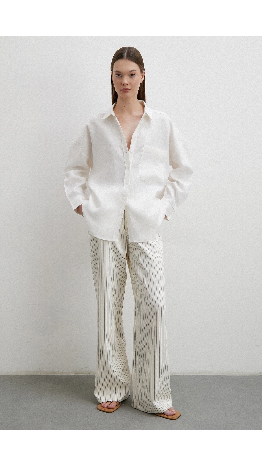 Robalı Cepli Keten Gömlek Ekru