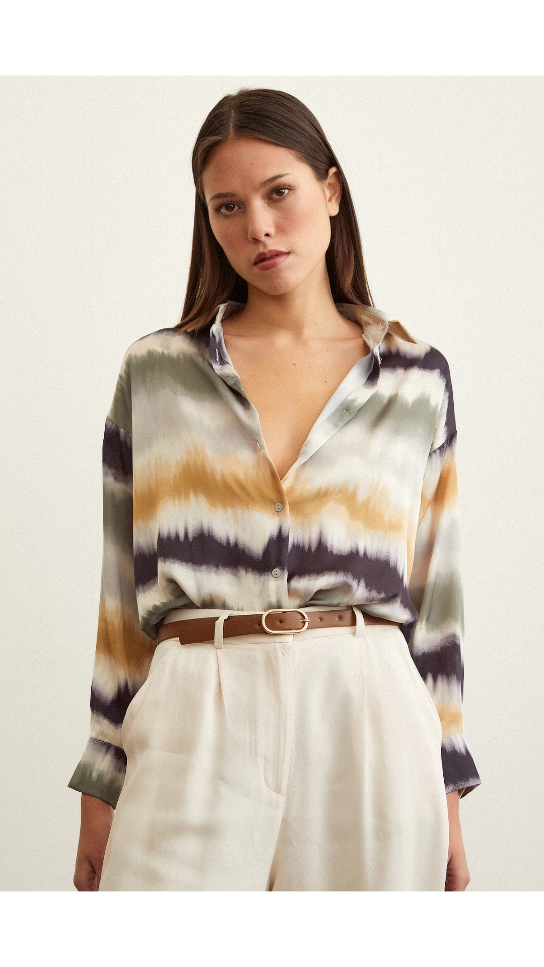 Sulu Boya Desenli Gömlek Haki