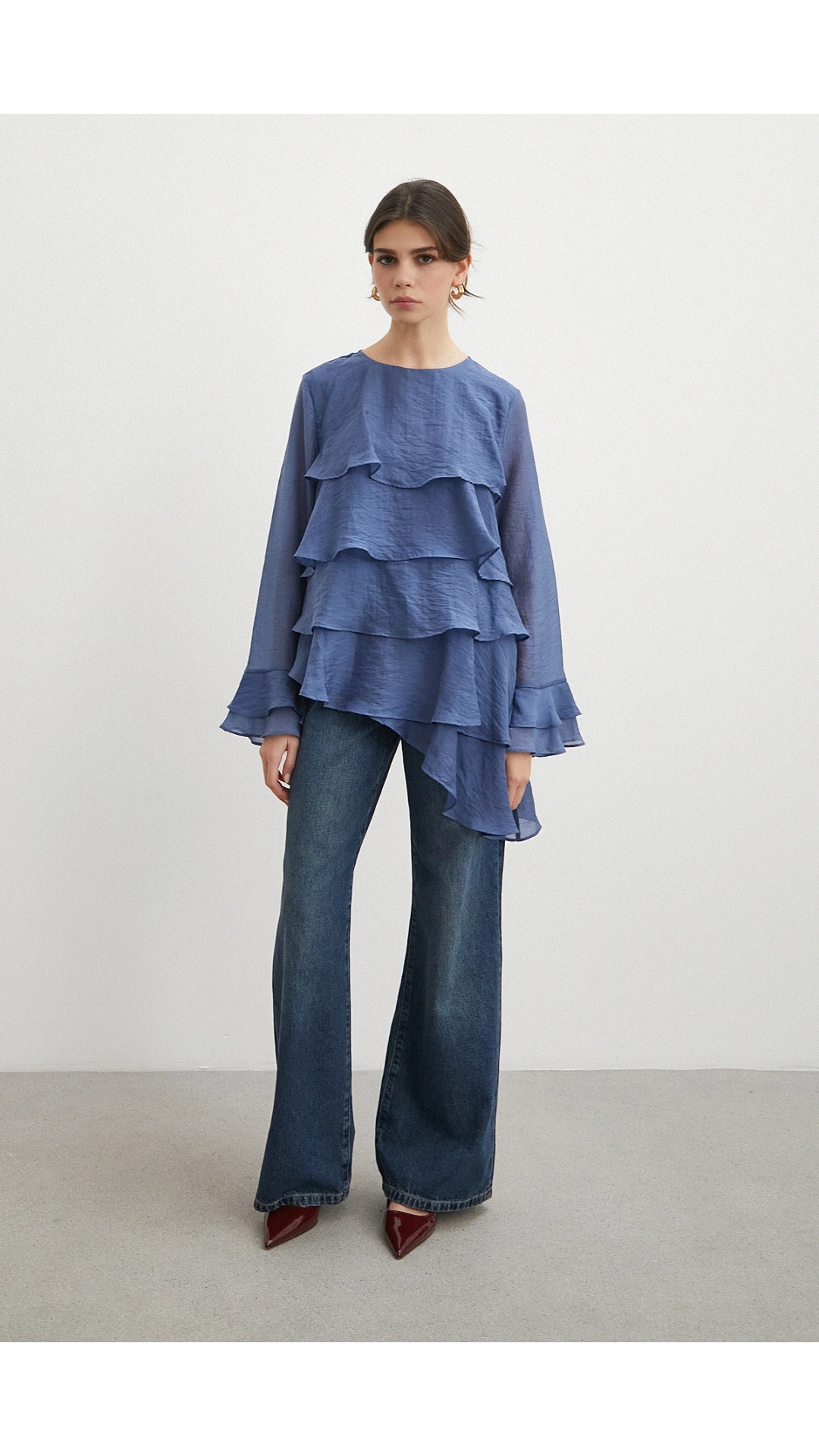 Kol Detaylı Katlı Uzun Kol Bluz Lacivert