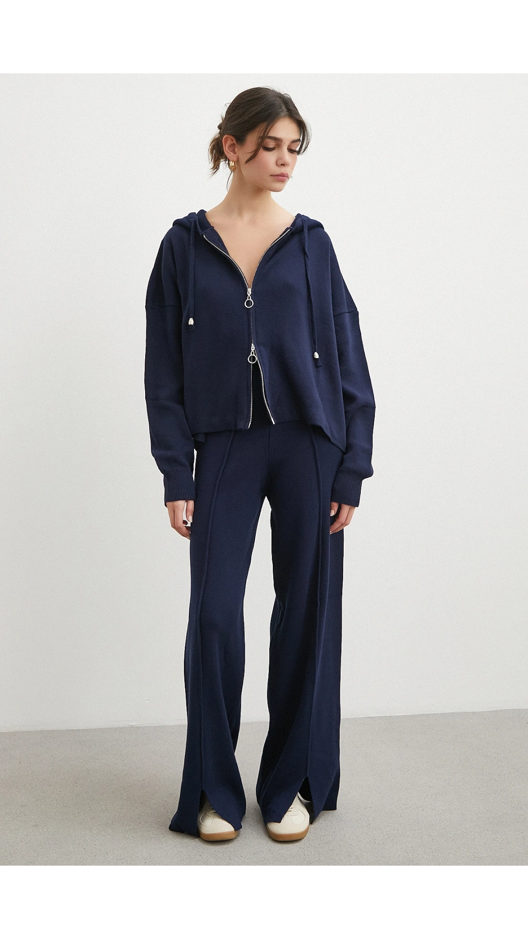 Çift Fermuarlı Kapüşonlu Pantolonlu Takım Lacivert
