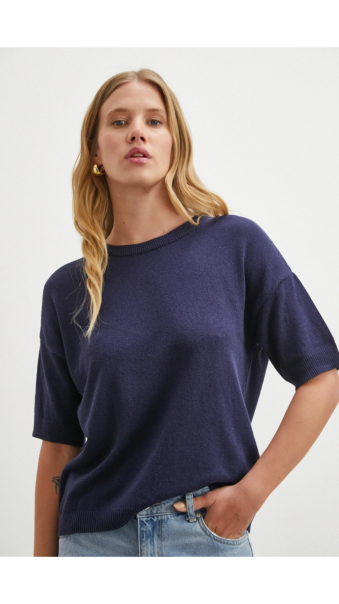 Bisiklet Yaka Triko T-shirt Lacivert