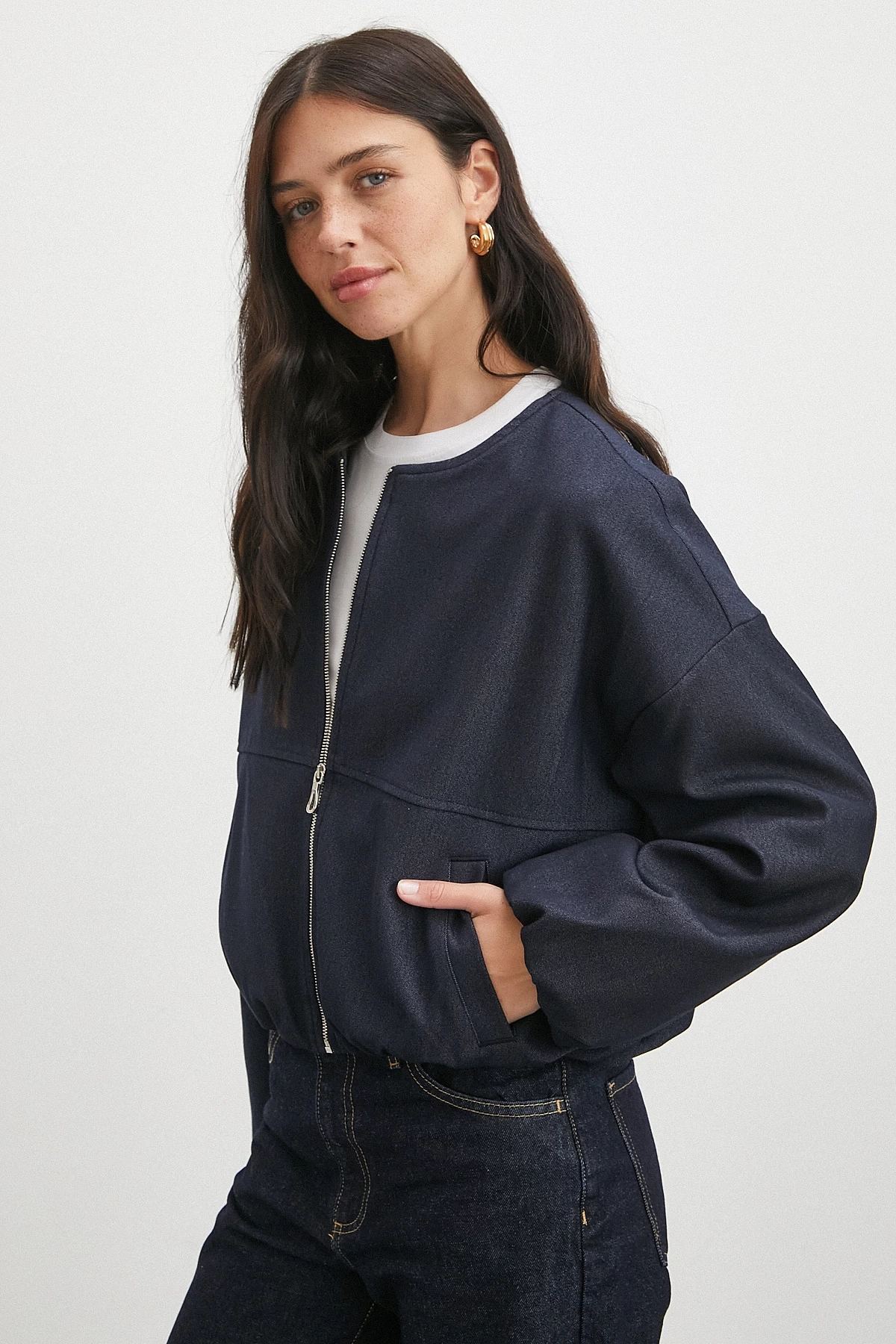 Beli Lastikli Fermuarlı Denim Görünümlü Bomber Ceket Lacivert