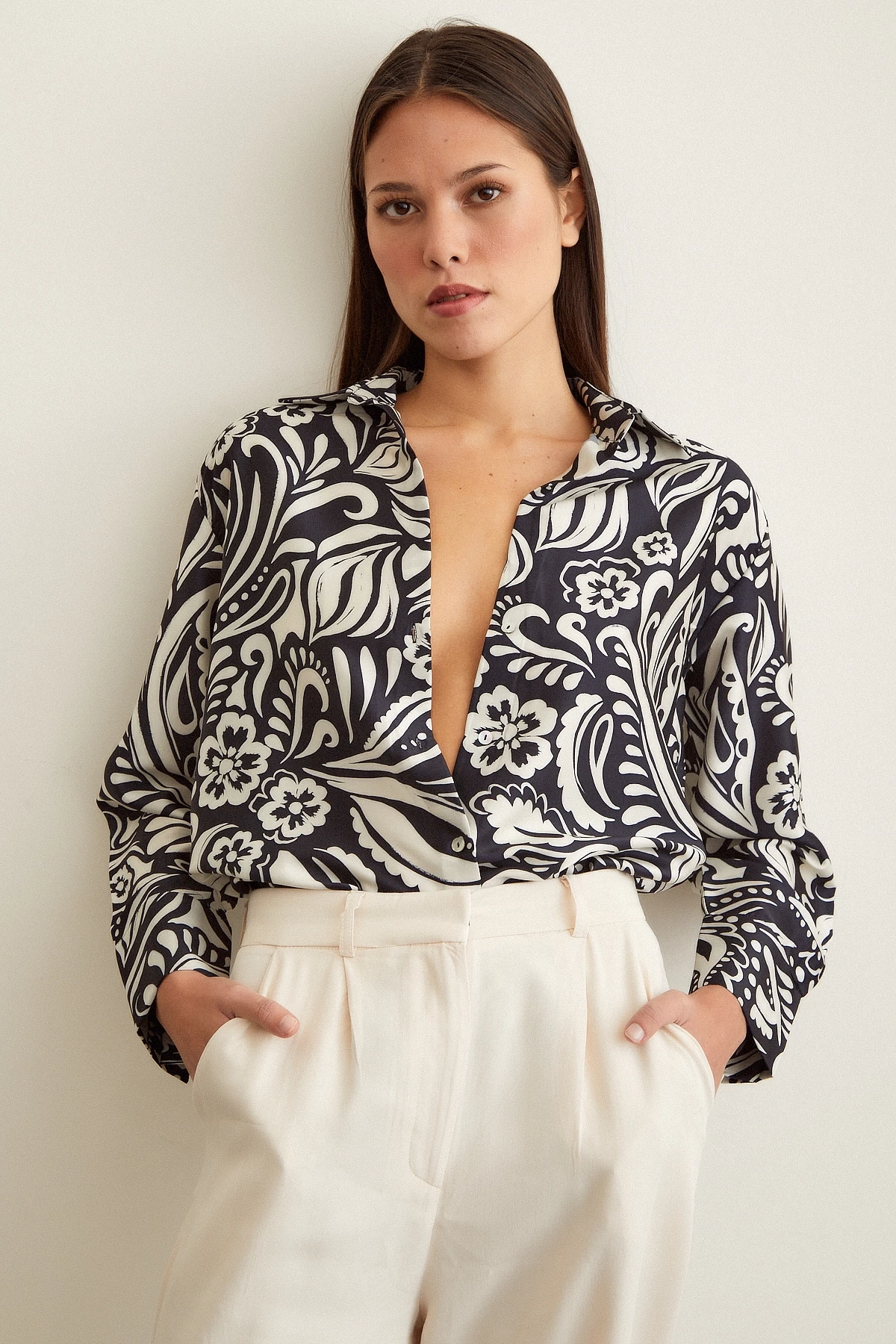 Renkli Baskılı Poplin Gömlek Mavi