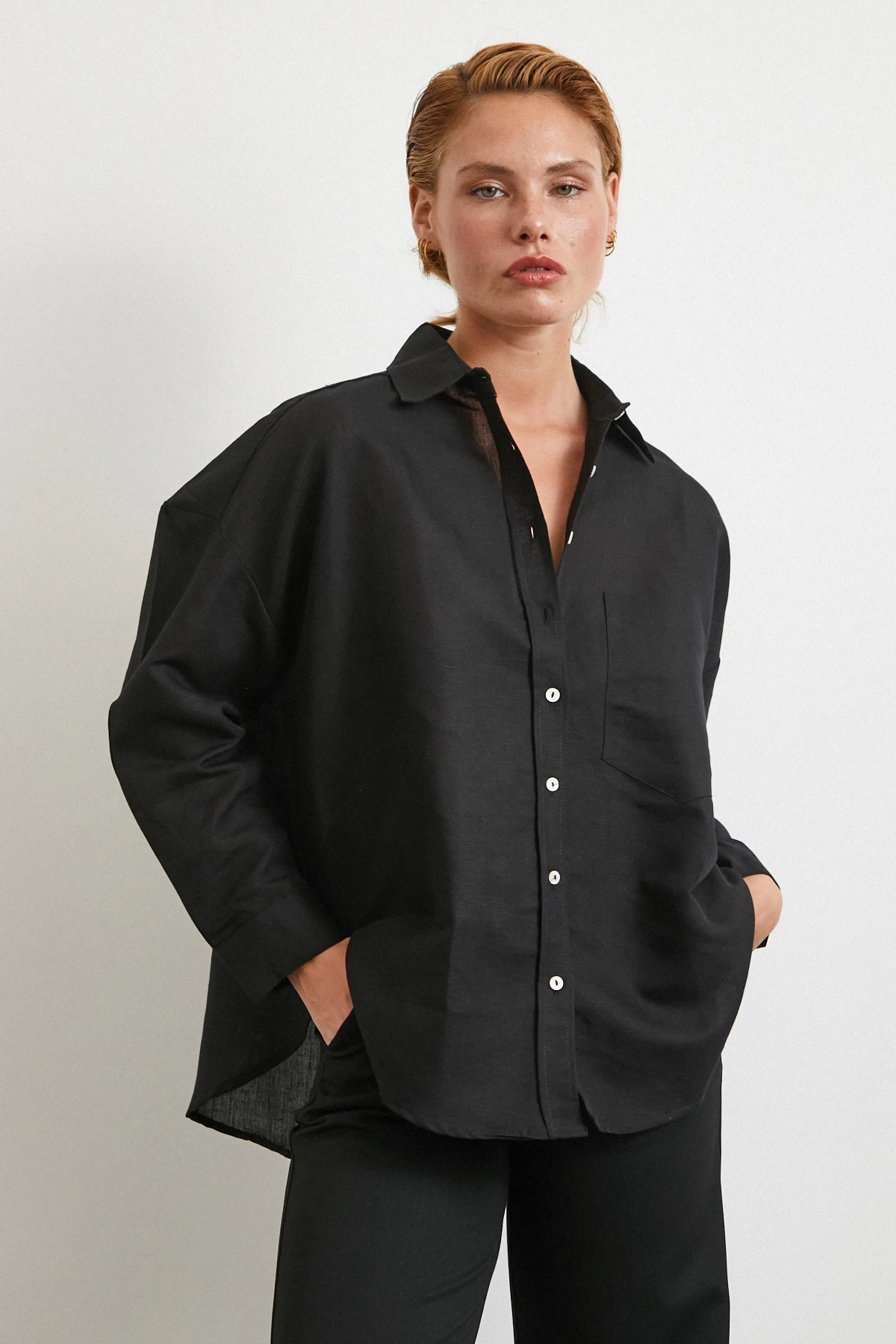 Cepli Oversize Keten Gömlek Siyah