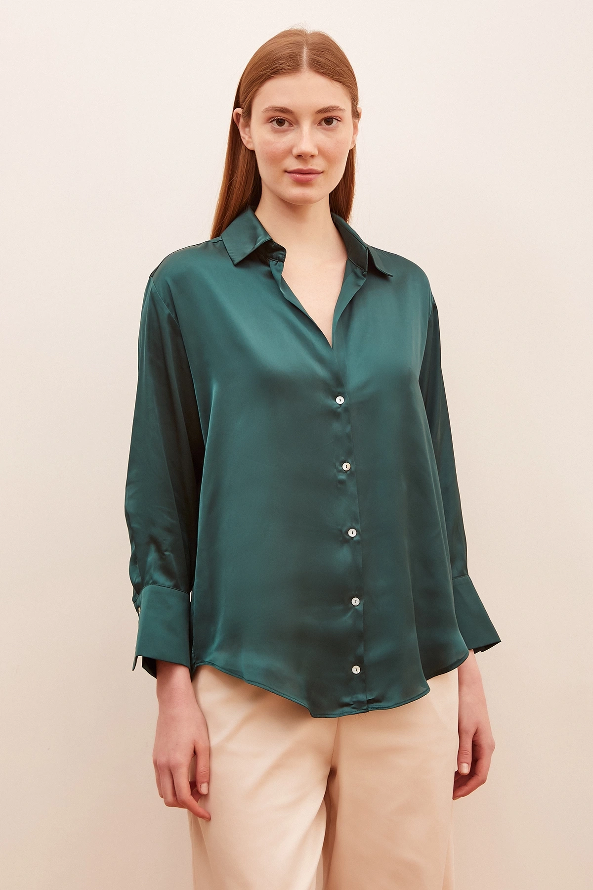 Basic Saten Gömlek Koyu Yeşil