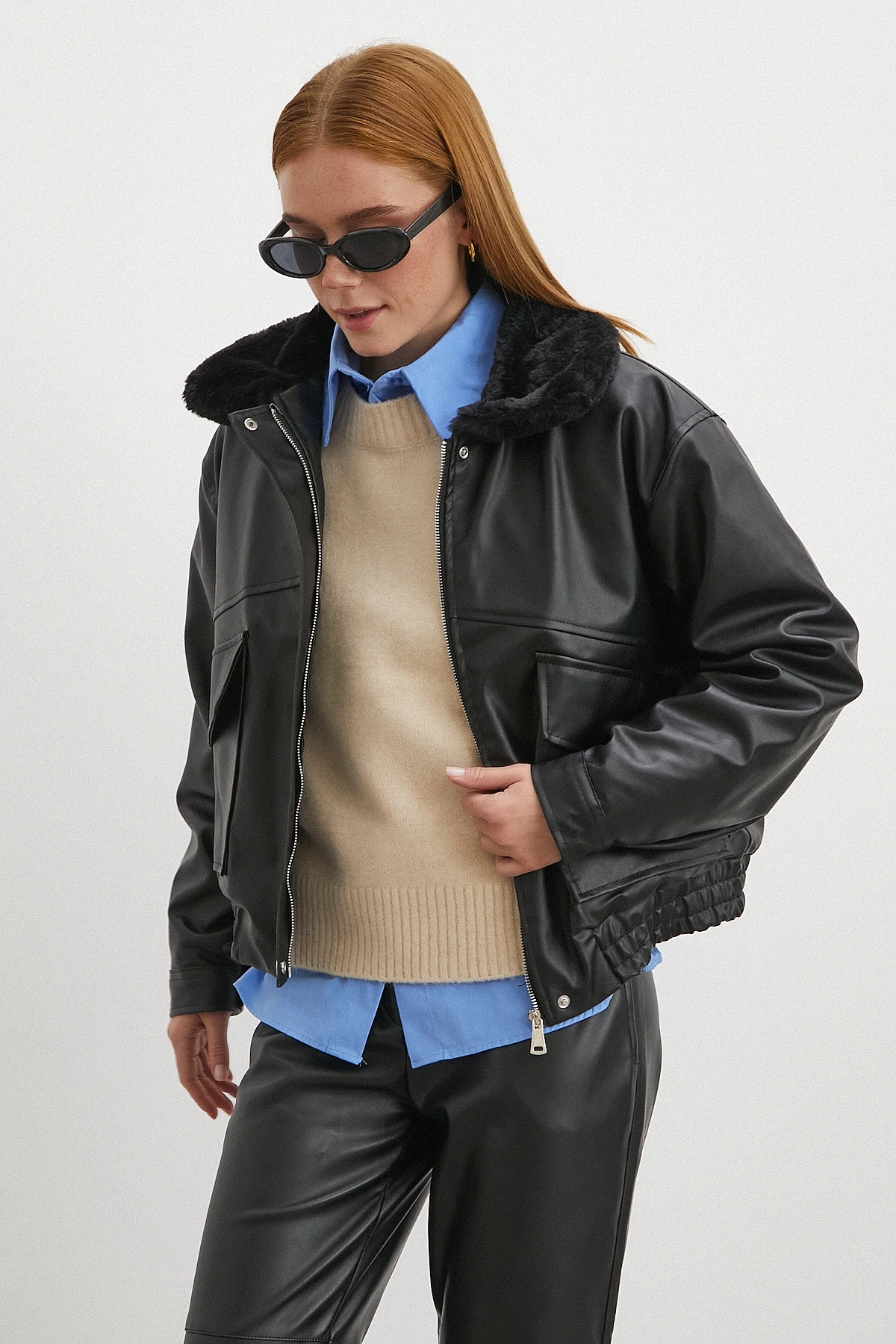 Peluş Astar Detaylı Deri Mont Siyah