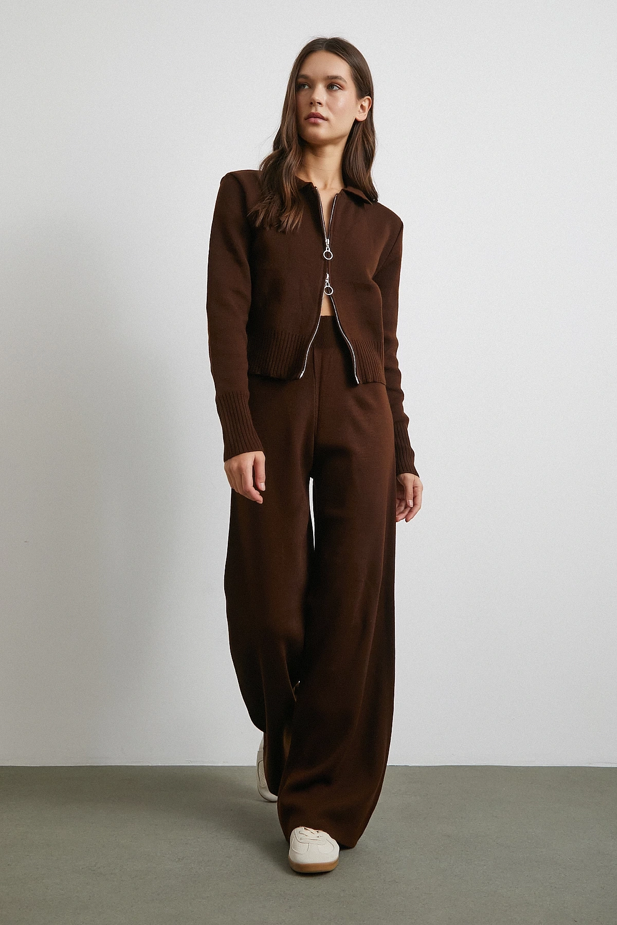 Çift Fermuarlı Hırka Takım Kahve