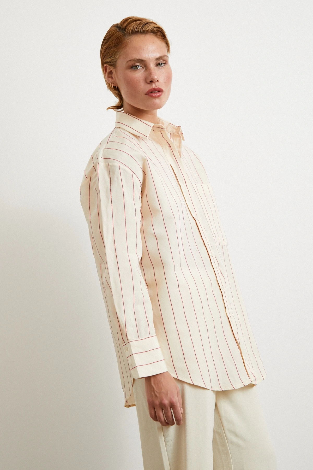 Kontrast Çizgili Modal Gömlek Fuşya