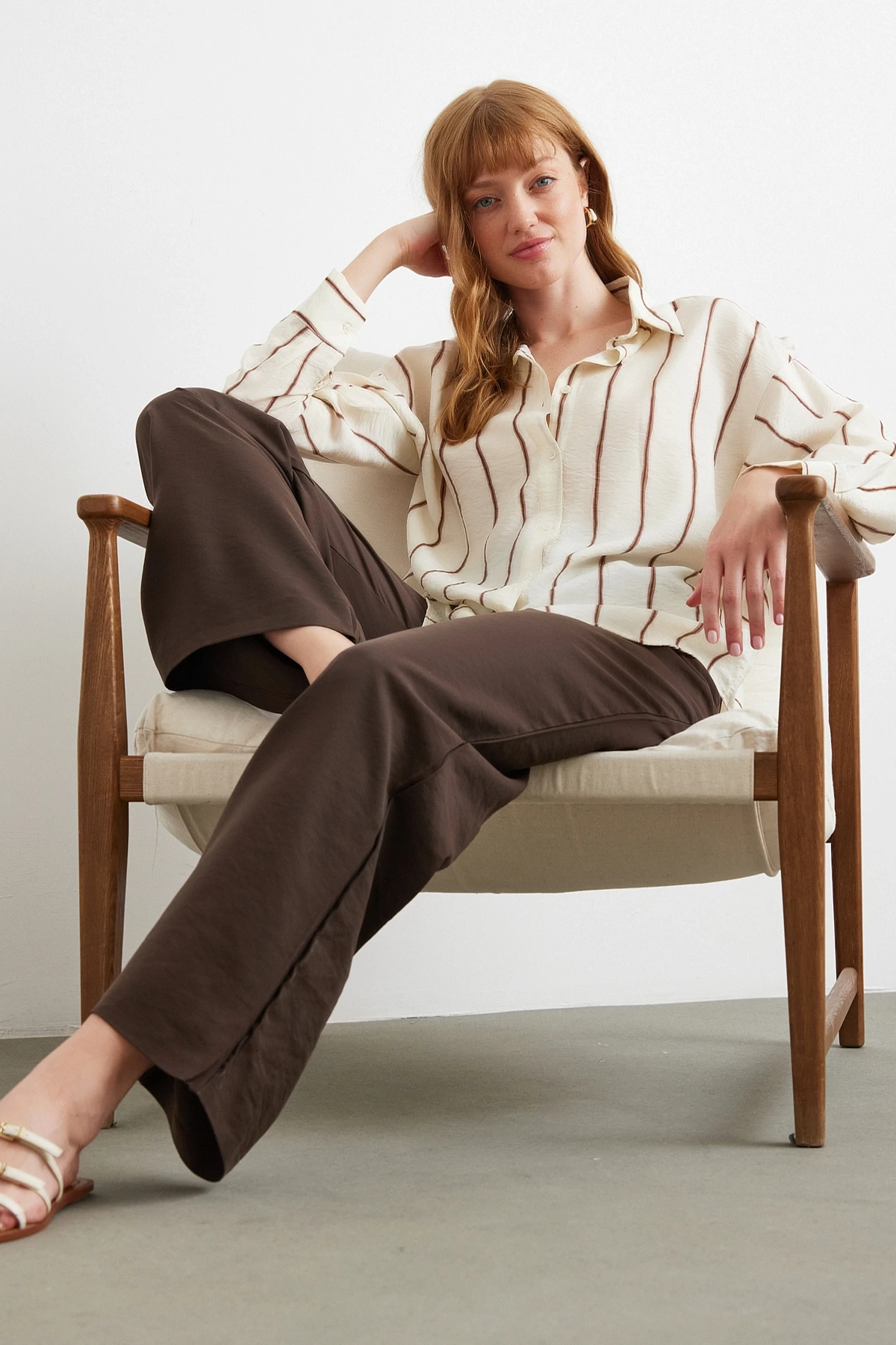 Çizgili Modal Gömlek Kahve