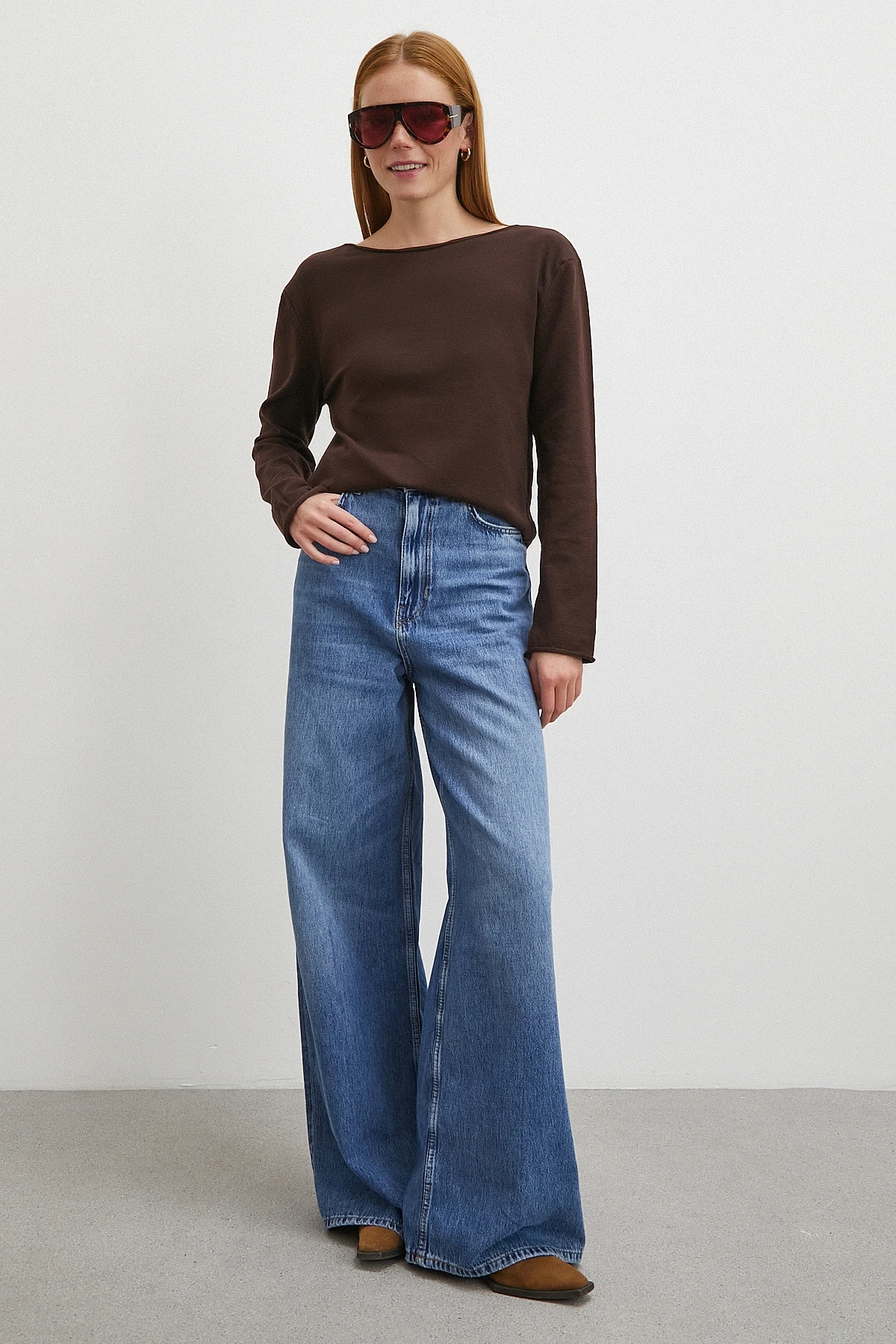 Kayık Yaka Uzun Kol Kazak Kahve