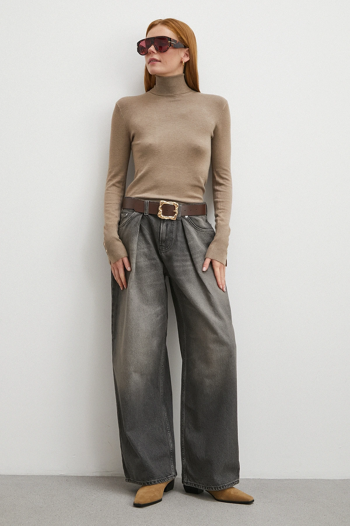 Yüksek Bel Pileli Geniş Paça Jean Füme