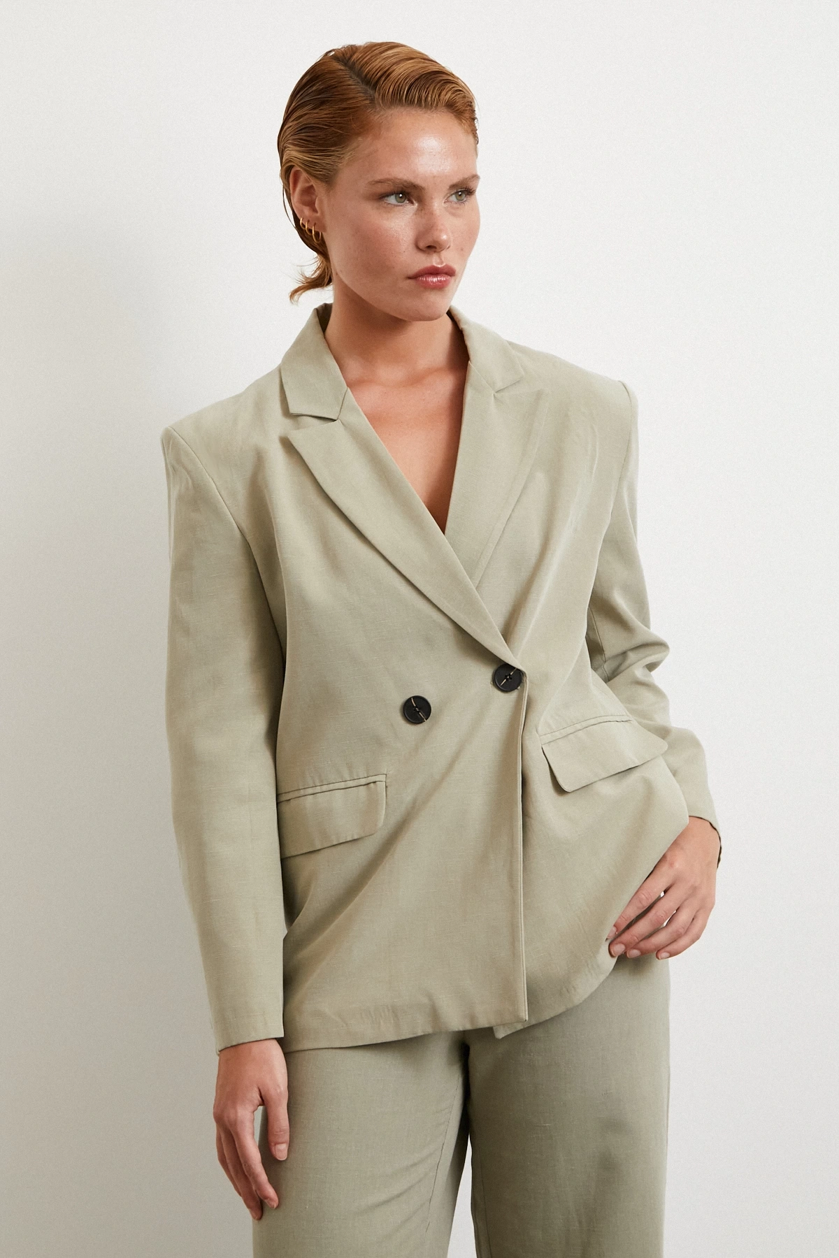 Çift Düğmeli Keten Blazer Ceket Gri