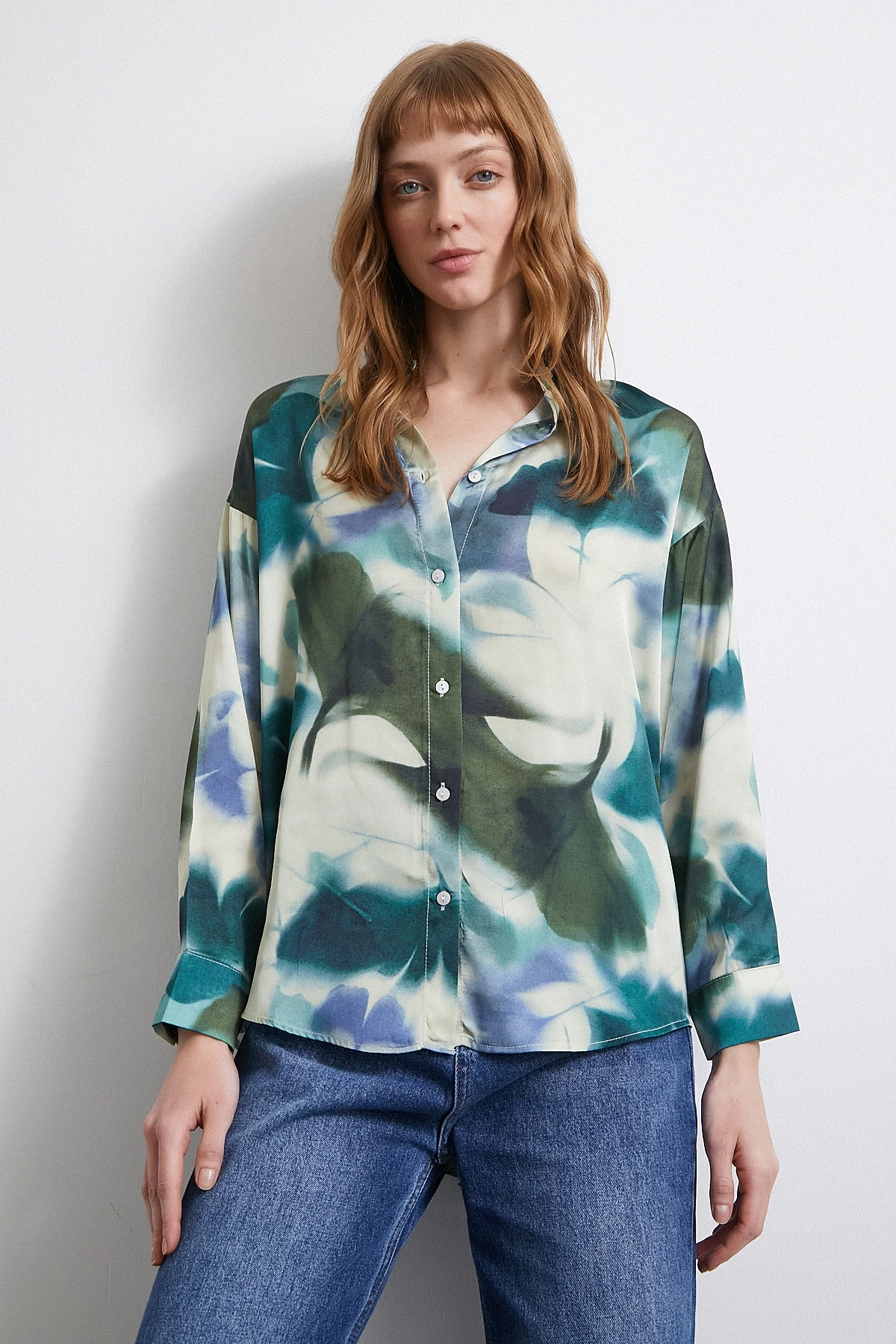 Batik Desen Saten Gömlek Petrol