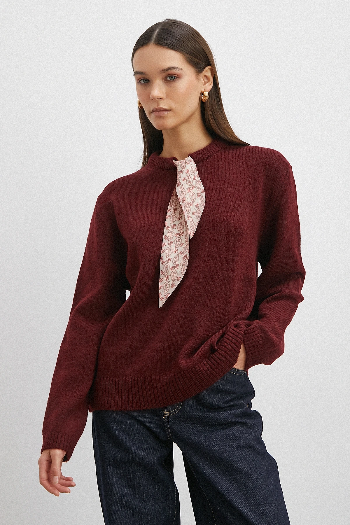 Fularlı Uzun Kollu Kazak Kahve