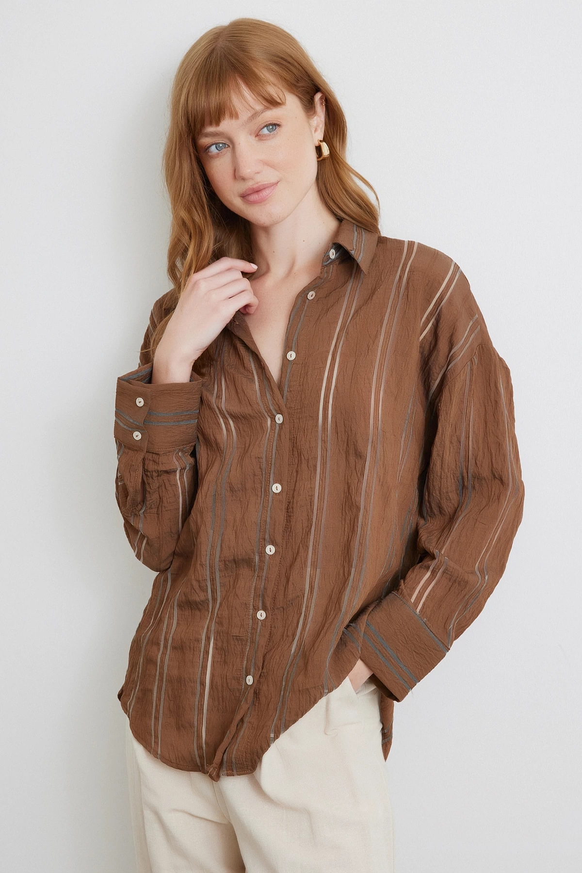 Organze Çizgili Gömlek Kahve