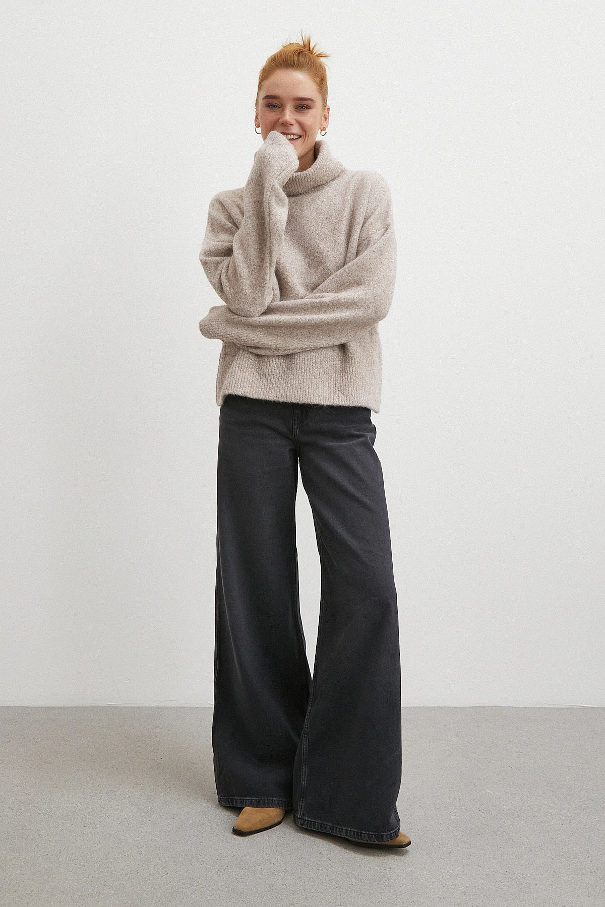 Yüksek Bel Geniş Paça Jean Siyah