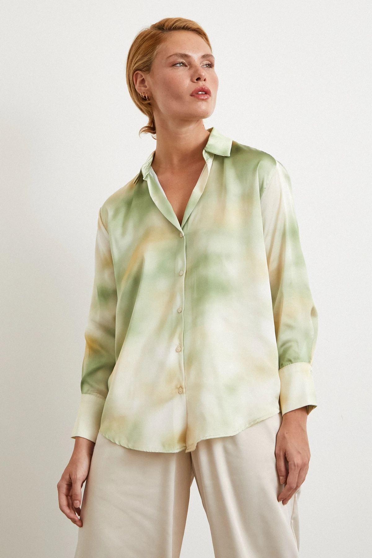 Ebruli Desen Saten GömleK Yeşil