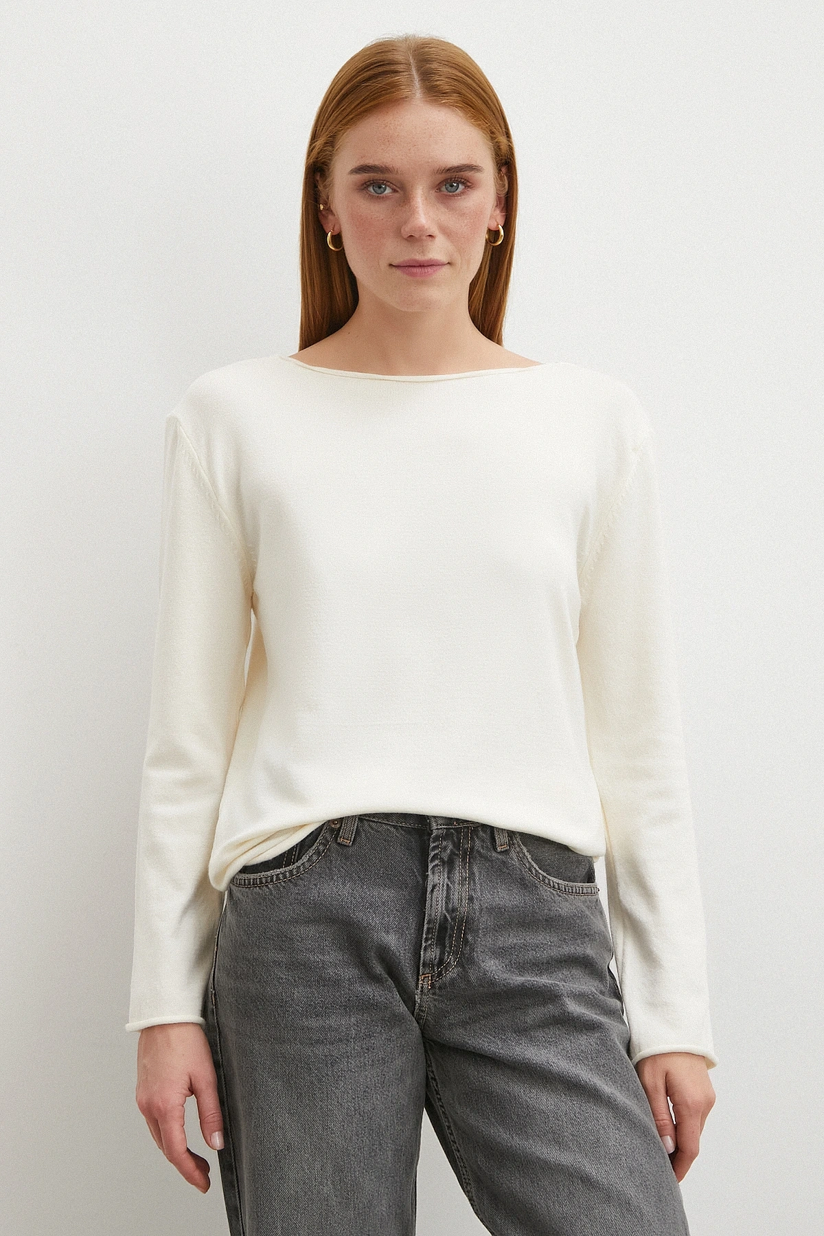 Kayık Yaka Uzun Kol Kazak Ekru