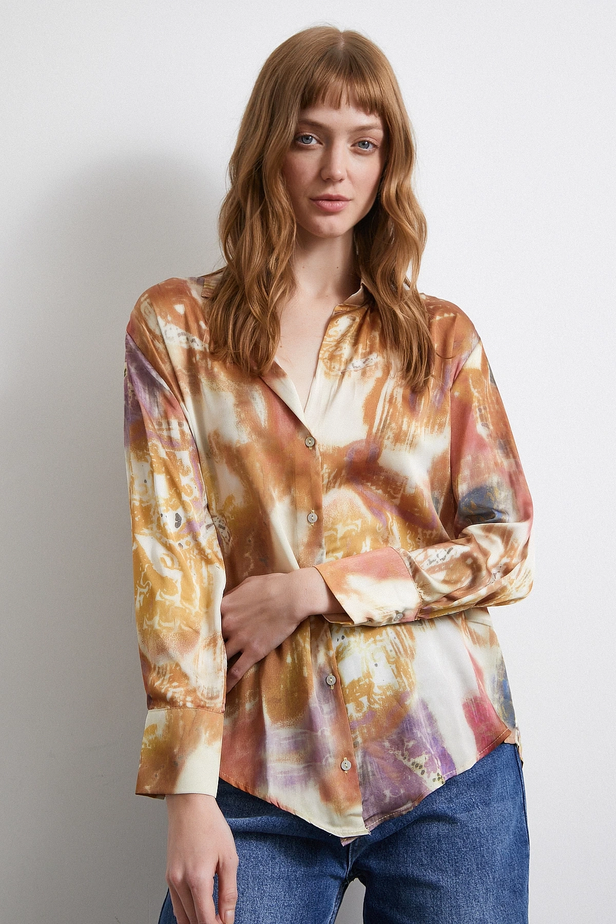 Desenli Saten Gömlek Lila