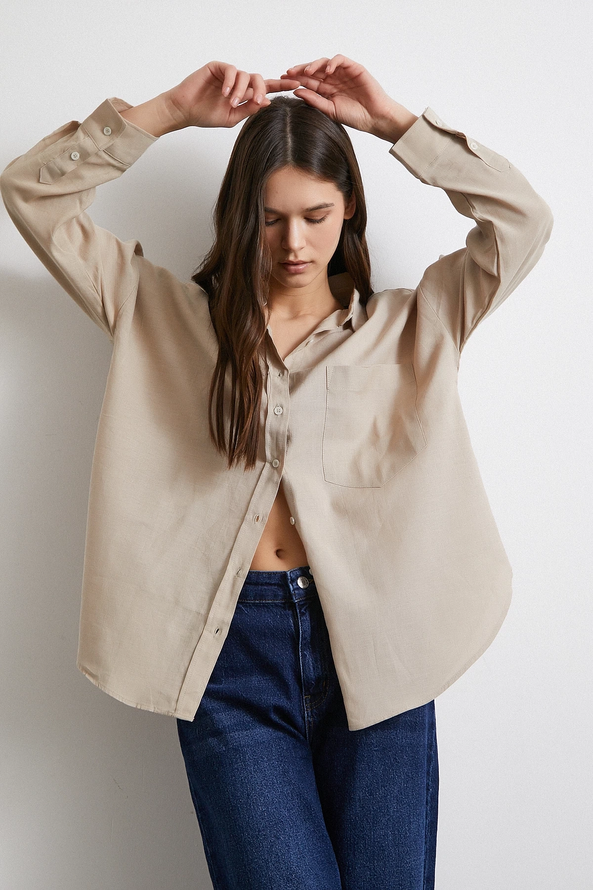 Cepli Oversize Keten  Gömlek Bej