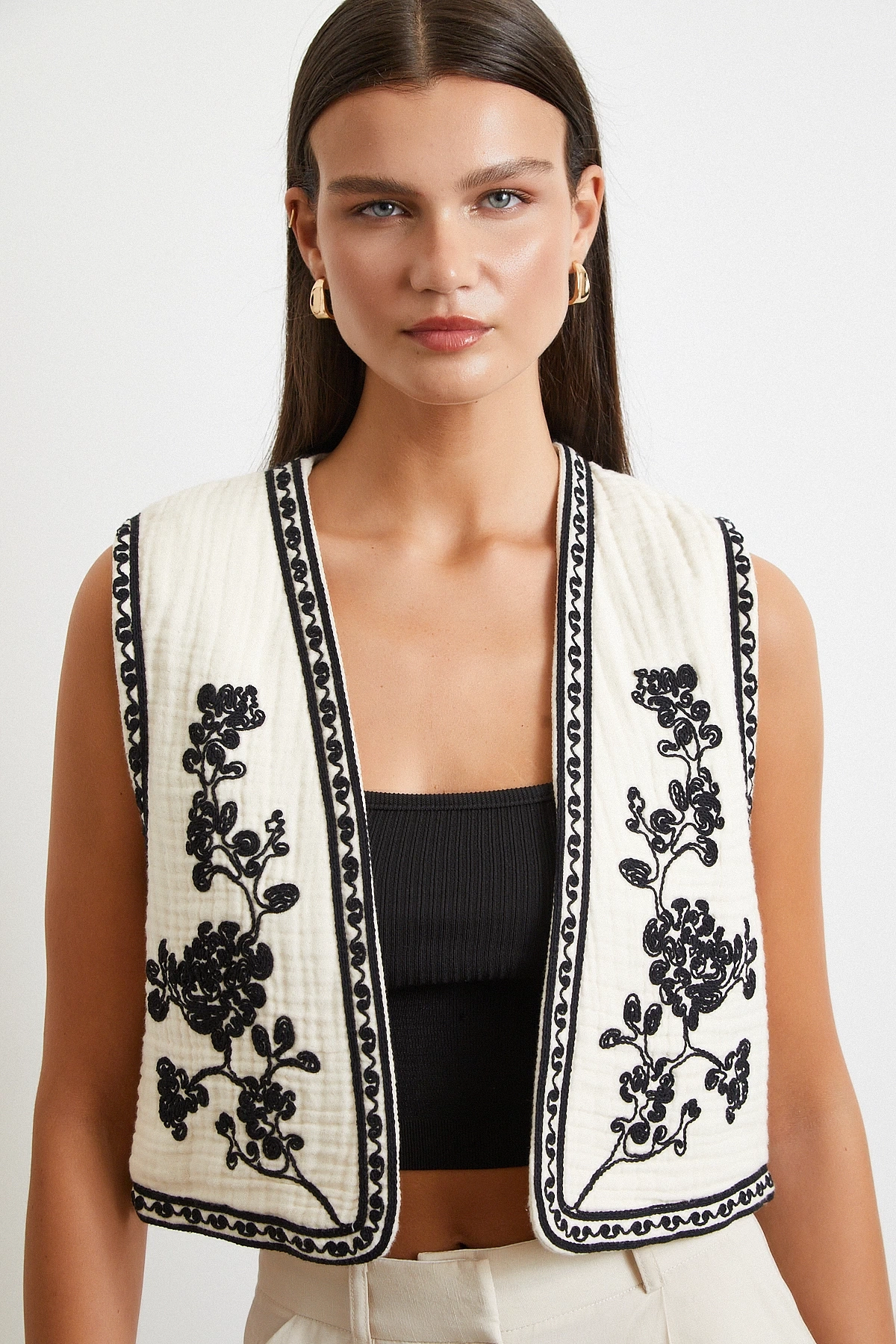 Nakış Oversize Yelek Krem