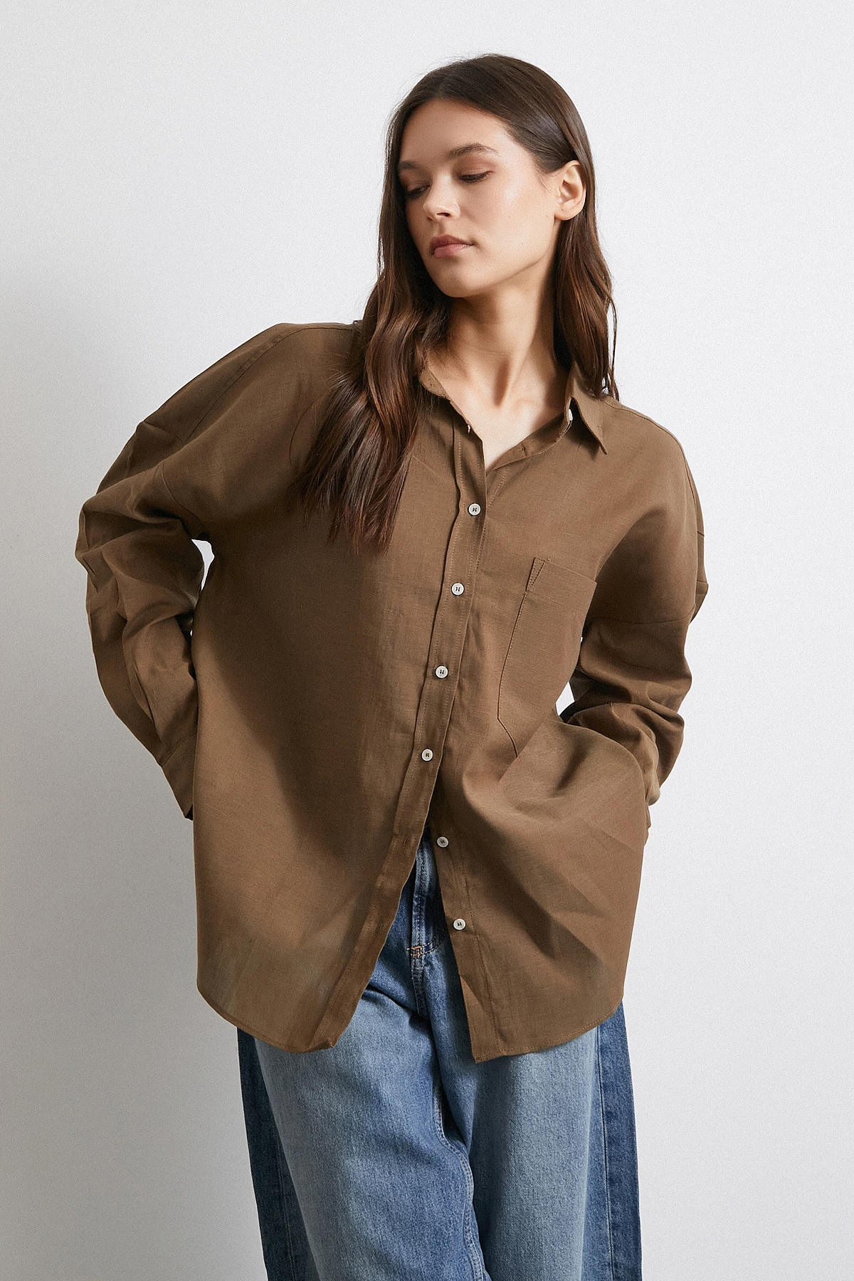 Cepli Oversize Keten  Gömlek Kahve