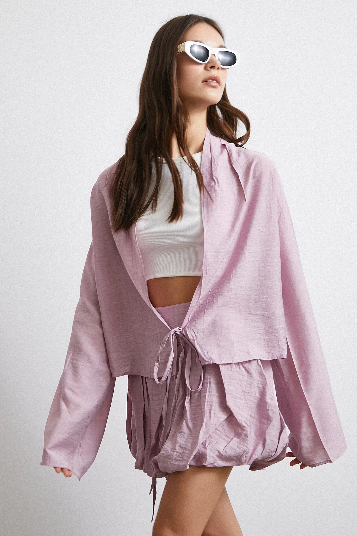 Geniş Kol Önden Bağlamalı Bluz Lila