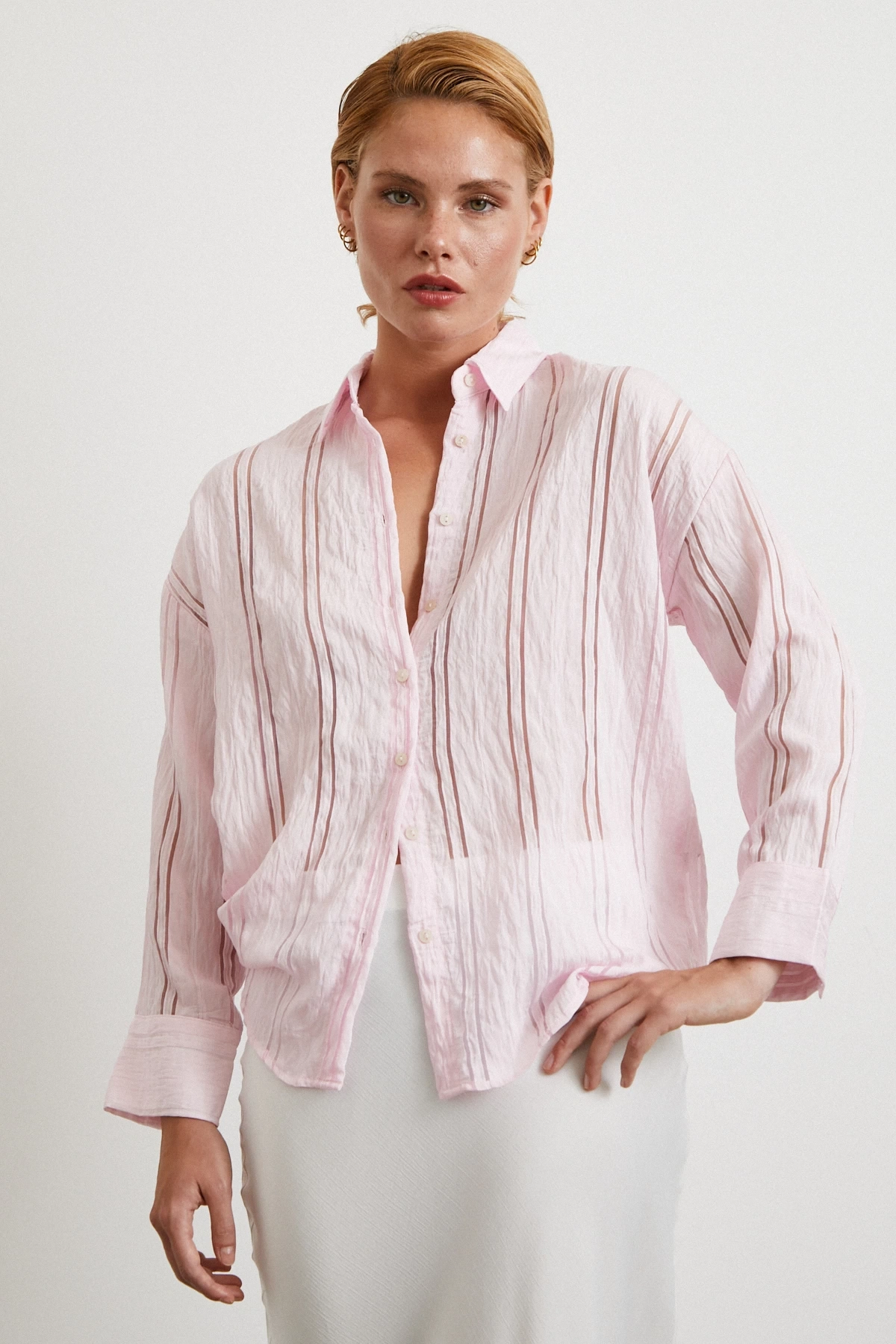 Organze Çizgili Gömlek Pembe