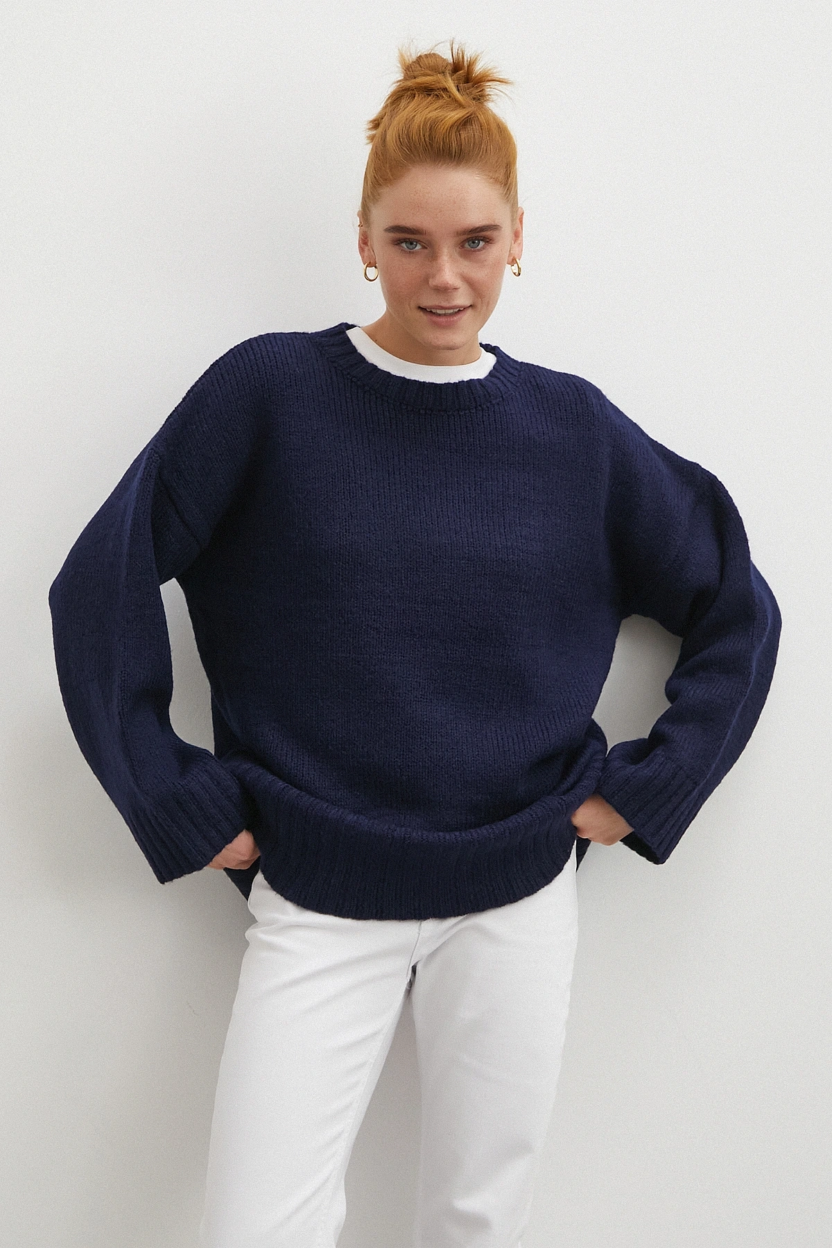 Bisiklet Yaka Fitilli Triko Kazak Lacivert