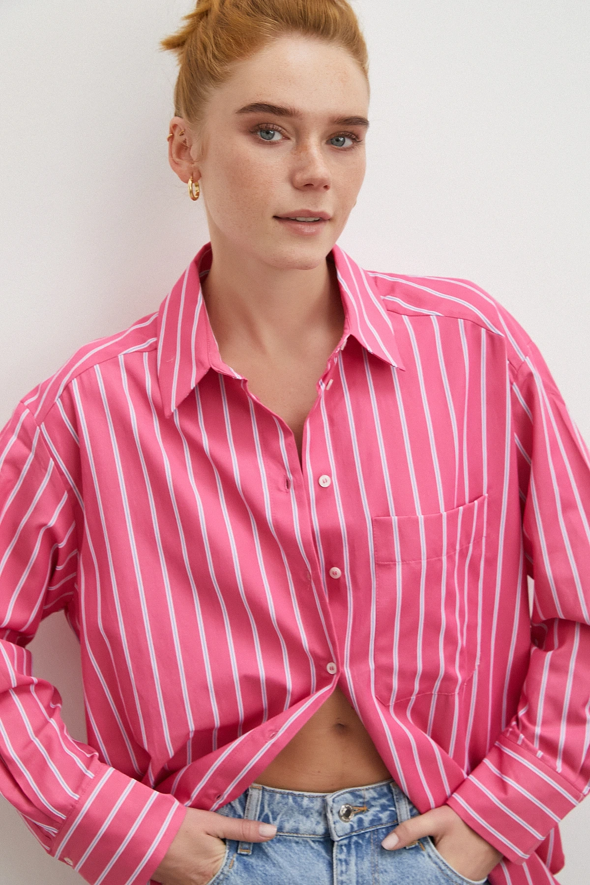 Çizgili Poplin Gömlek Pembe