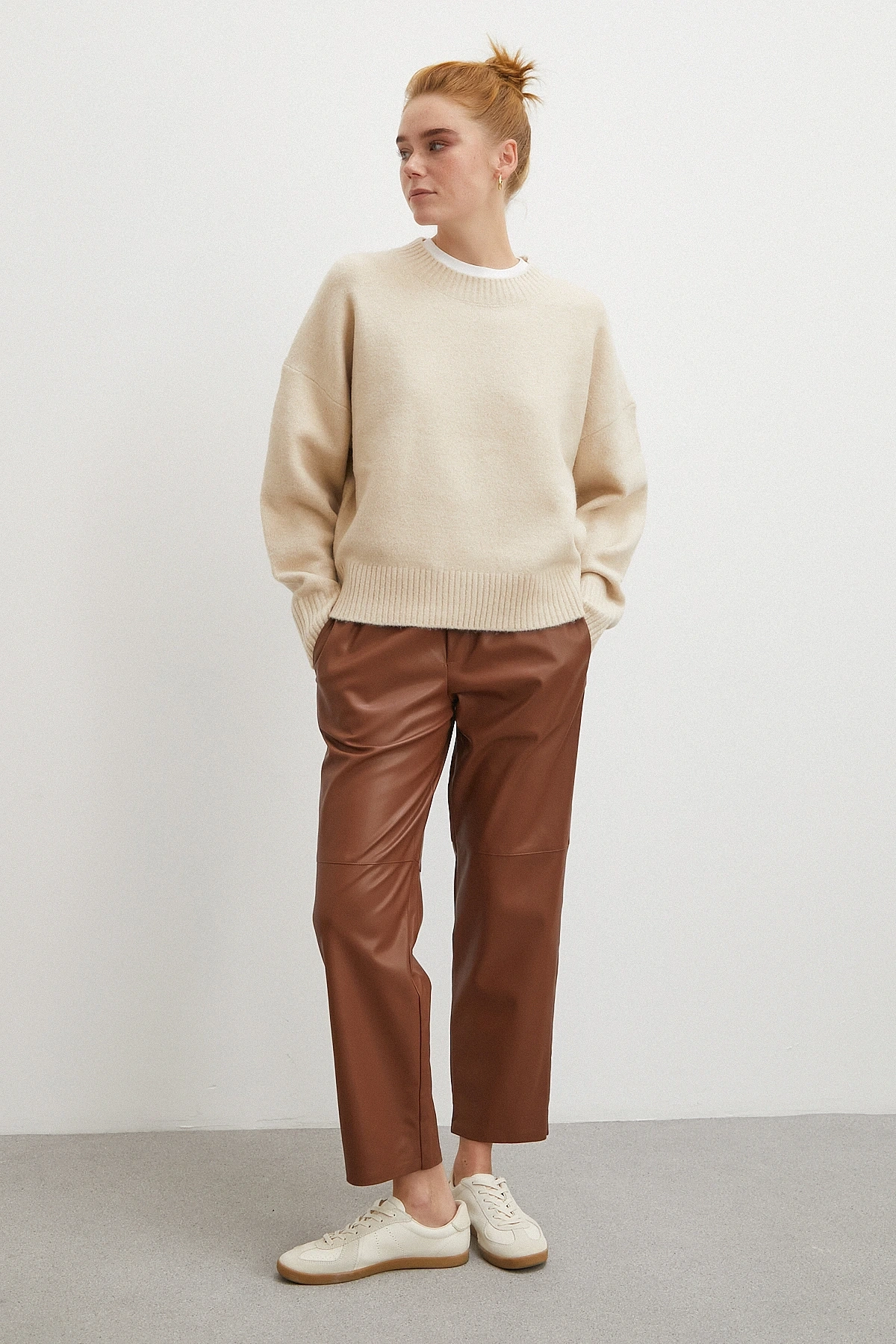 Bağcıklı Deri Pantolon Kahve