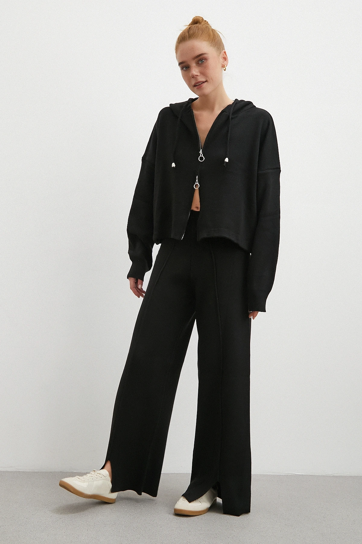 Çift Fermuarlı Kapüşonlu Pantolonlu Takım Siyah